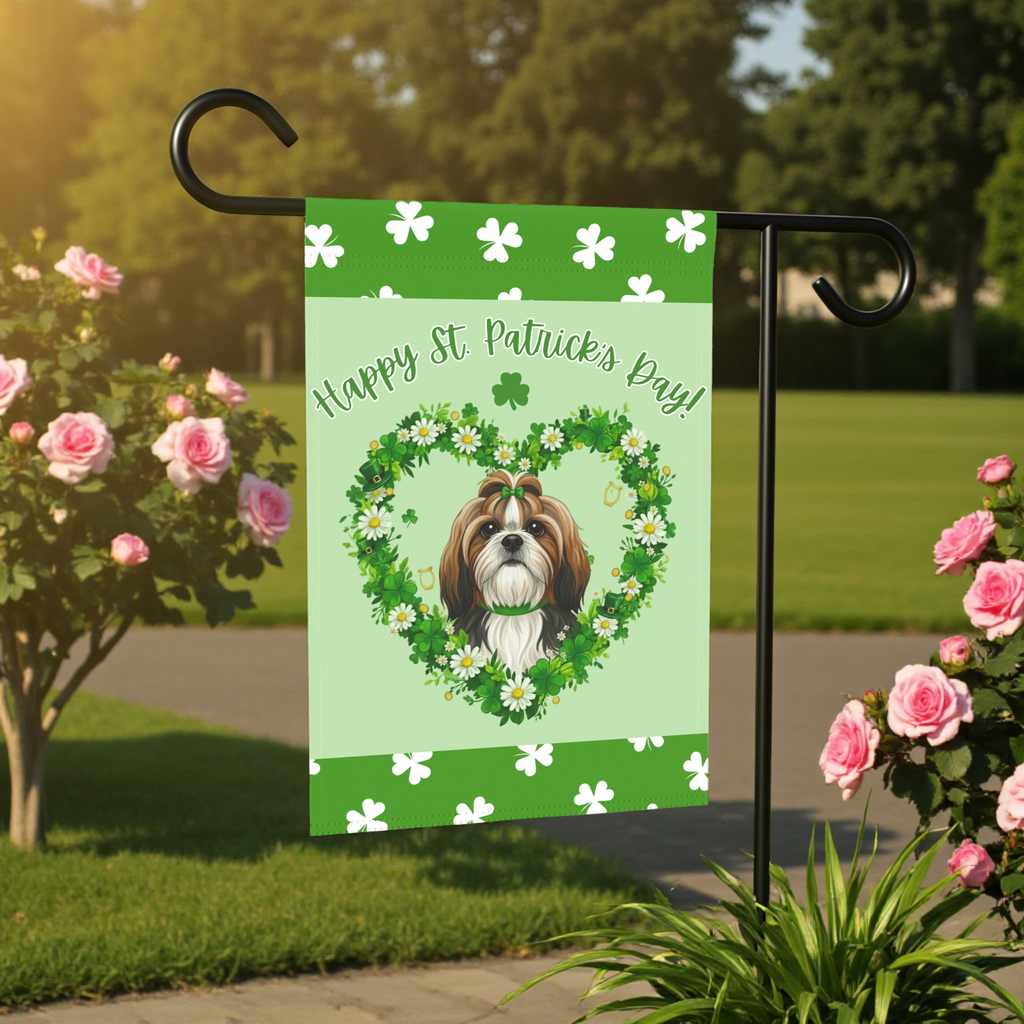 St. Patrick’s Day Shamrock Shih Tzu Garden Flag - front view - Dragonfire Gardens