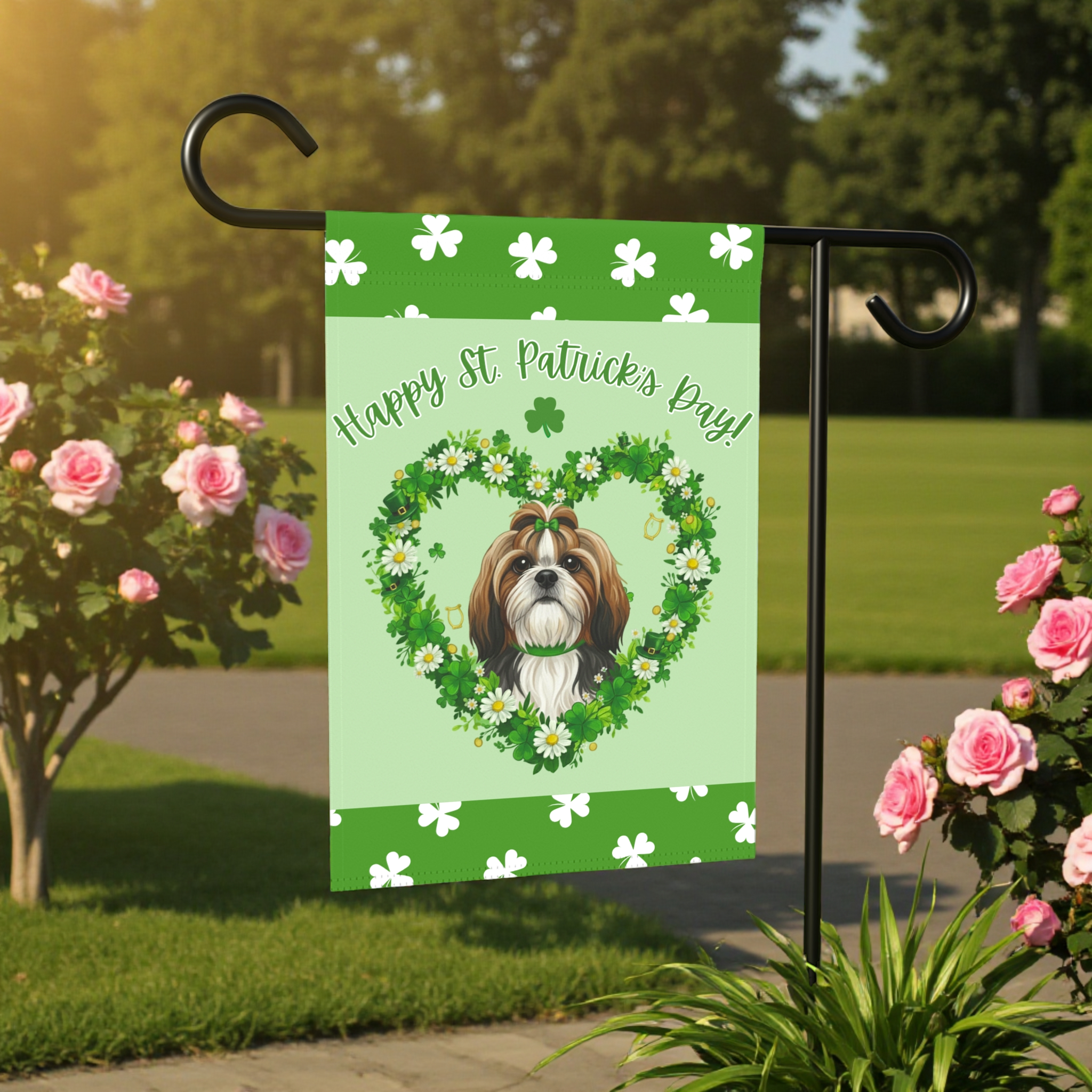 St. Patrick’s Day Shamrock Shih Tzu Garden Flag - front view - Dragonfire Gardens
