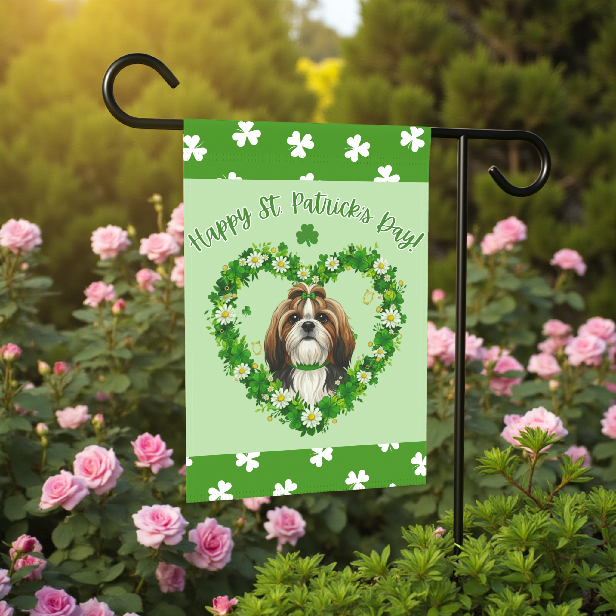 St. Patrick’s Day Shamrock Shih Tzu Garden Flag - size comparison - Dragonfire Gardens