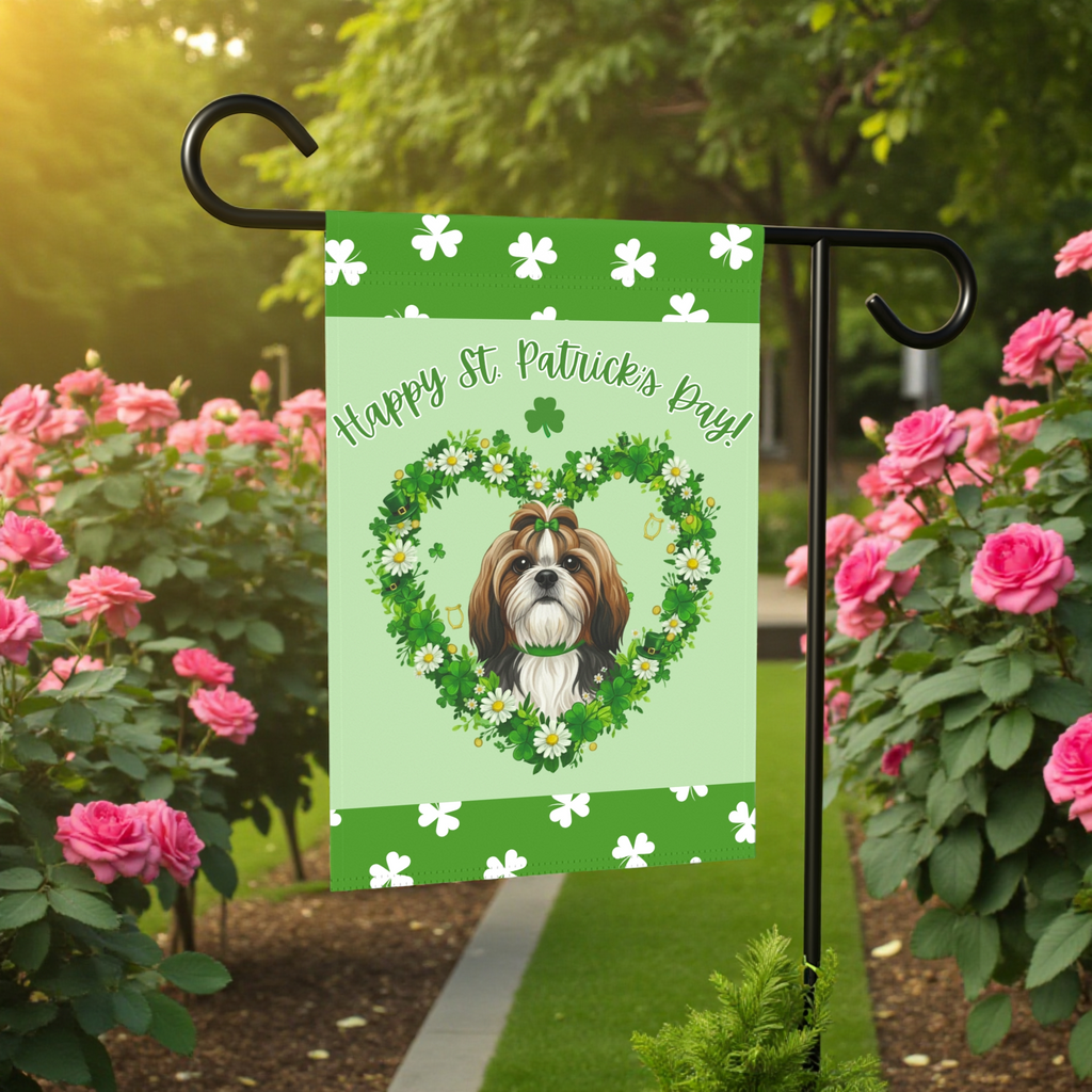 St. Patrick’s Day Shamrock Shih Tzu Garden Flag - lifestyle display - Dragonfire Gardens