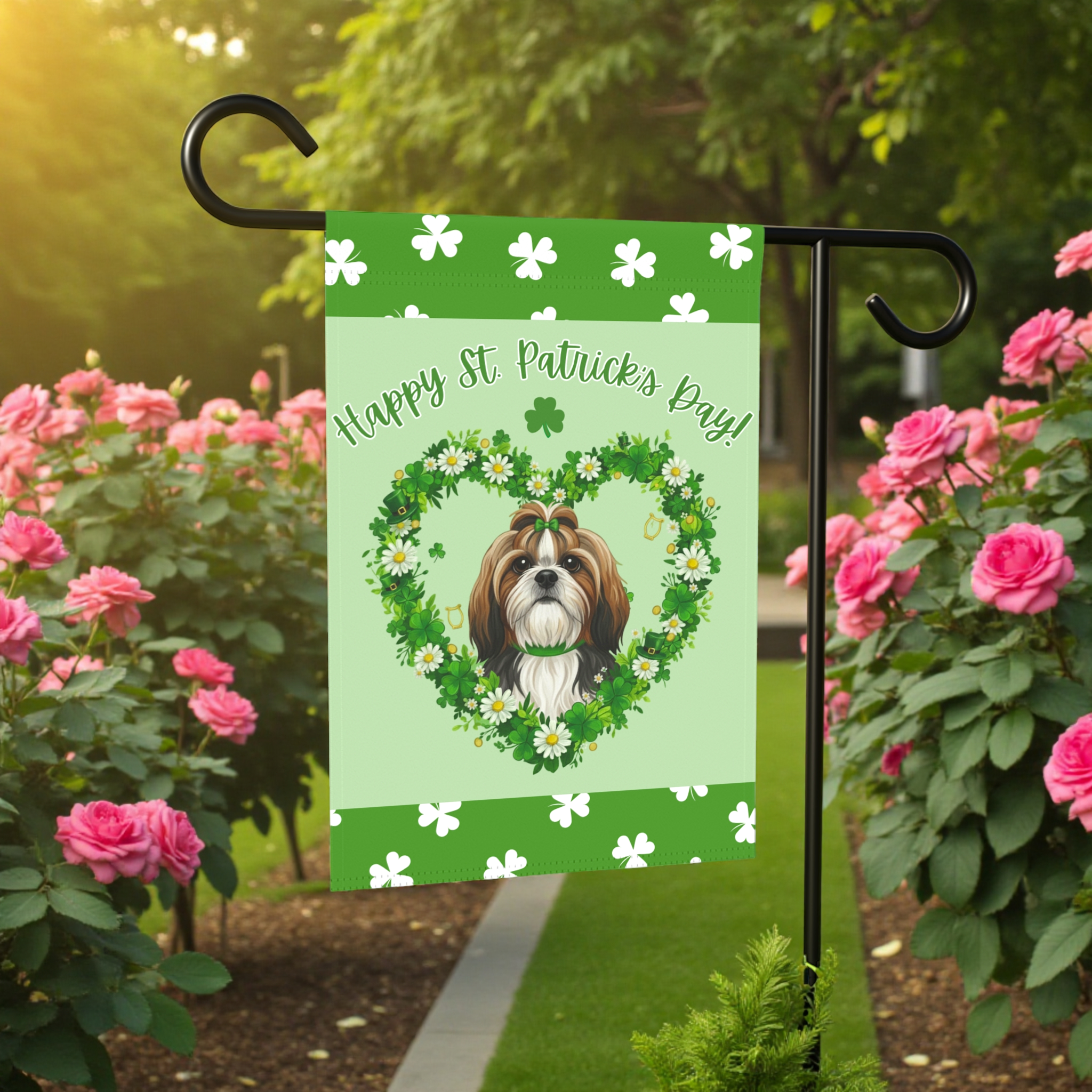 St. Patrick’s Day Shamrock Shih Tzu Garden Flag - lifestyle display - Dragonfire Gardens
