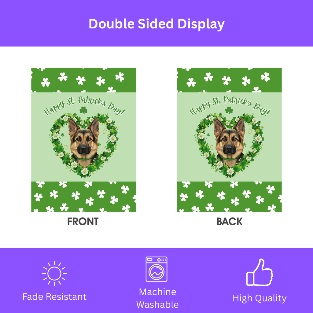 St. Patrick's Day Shamrock German Shepherd Garden Flag - double-sided design - Dragonfire Gardens