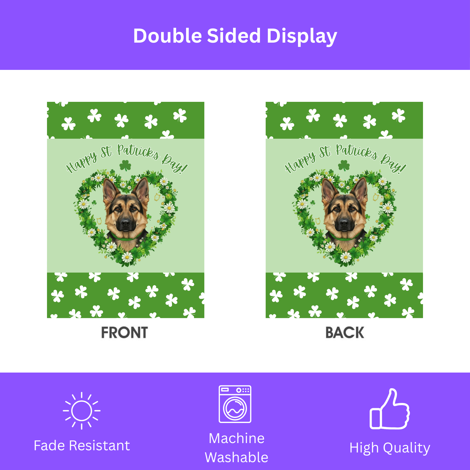 St. Patrick's Day Shamrock German Shepherd Garden Flag - double-sided design - Dragonfire Gardens