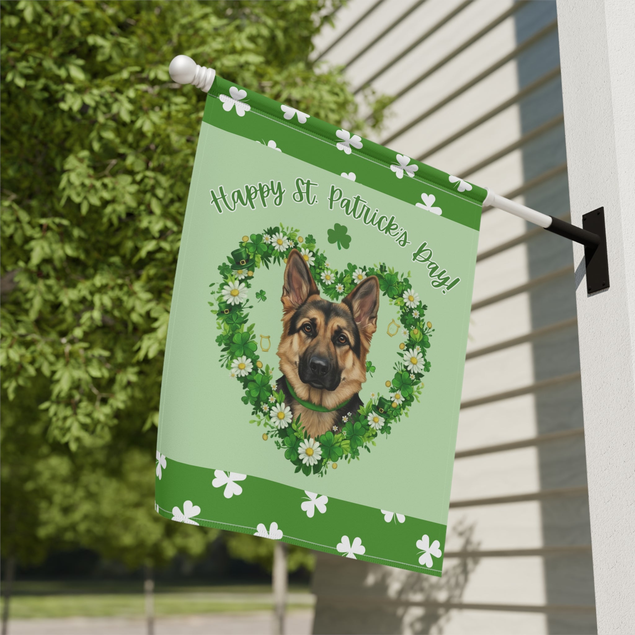 St. Patrick's Day Shamrock German Shepherd Garden Flag - close-up detail - Dragonfire Gardens