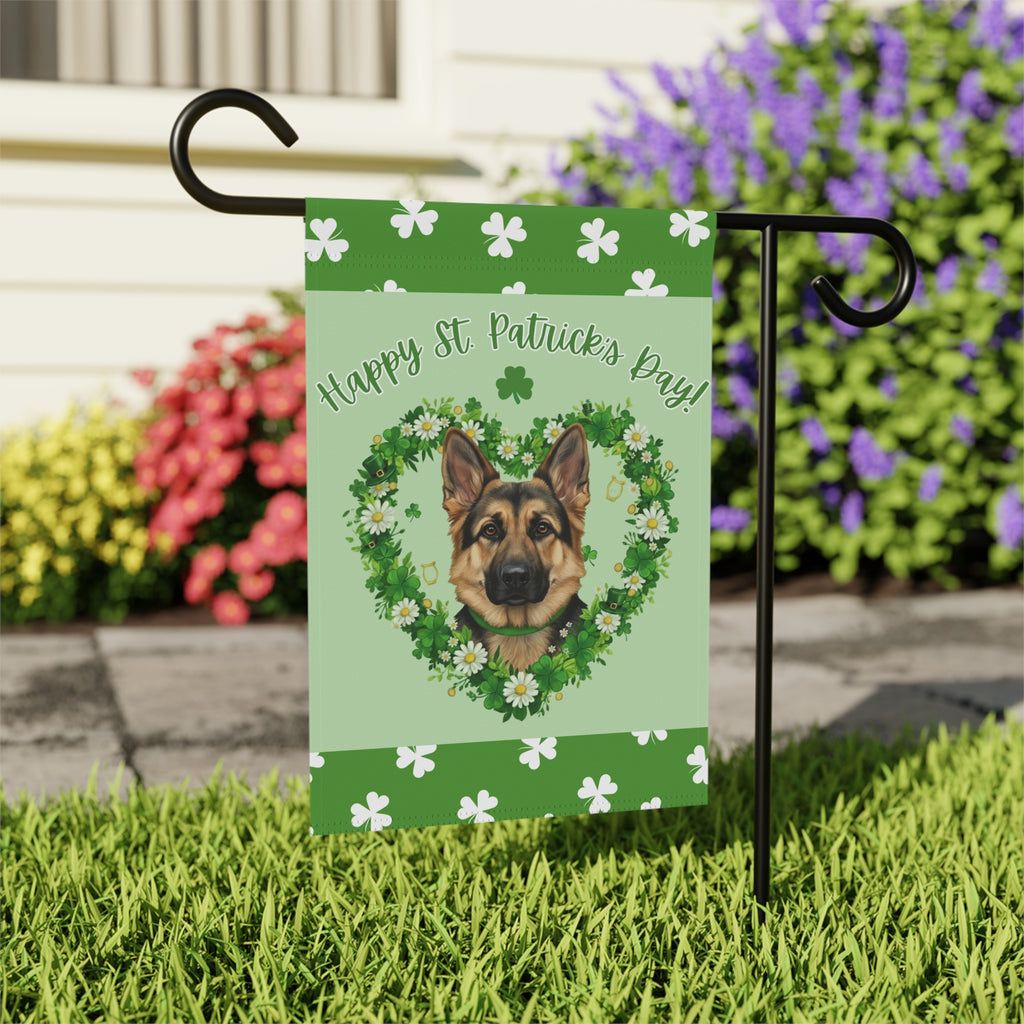 St. Patrick's Day Shamrock German Shepherd Garden Flag - outdoor display - Dragonfire Gardens