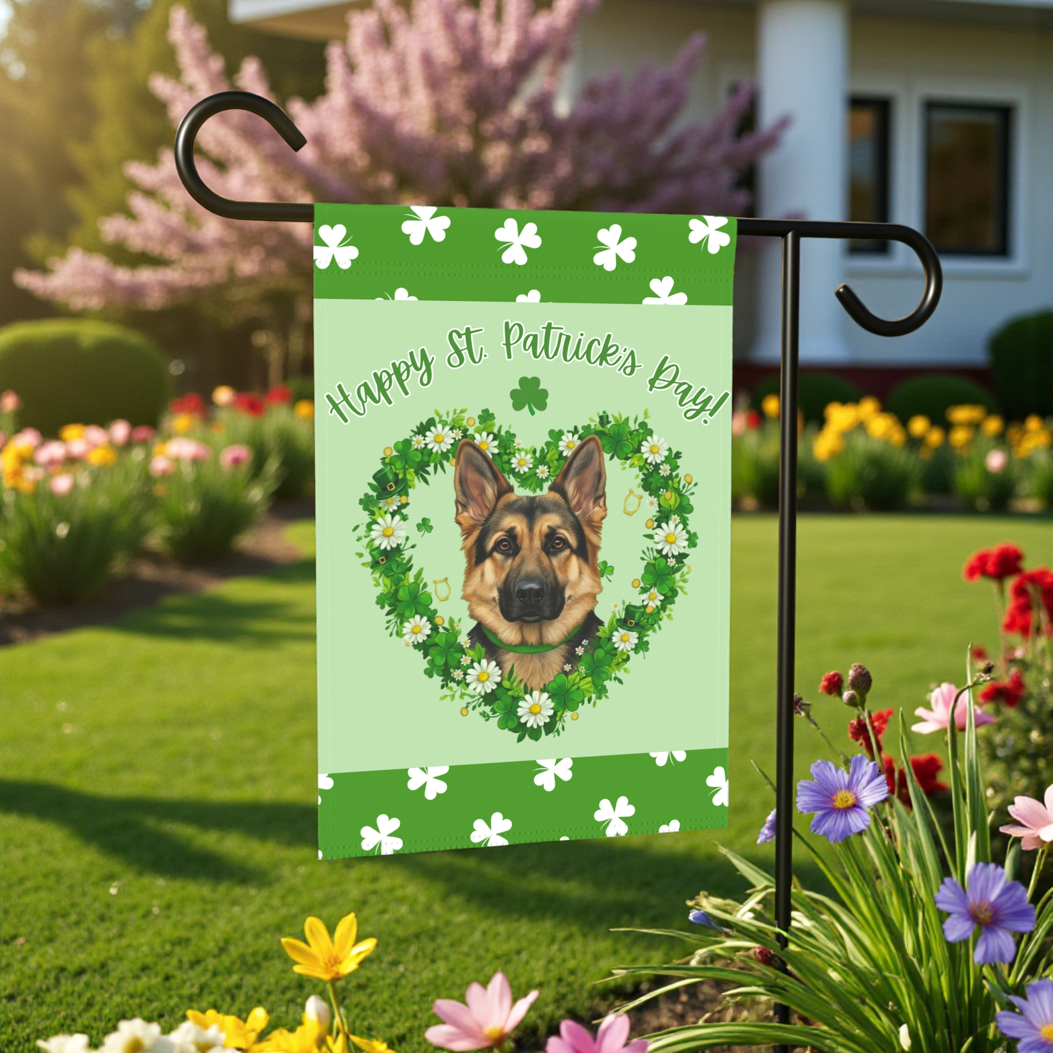 St. Patrick's Day Shamrock German Shepherd Garden Flag - front view - Dragonfire Gardens