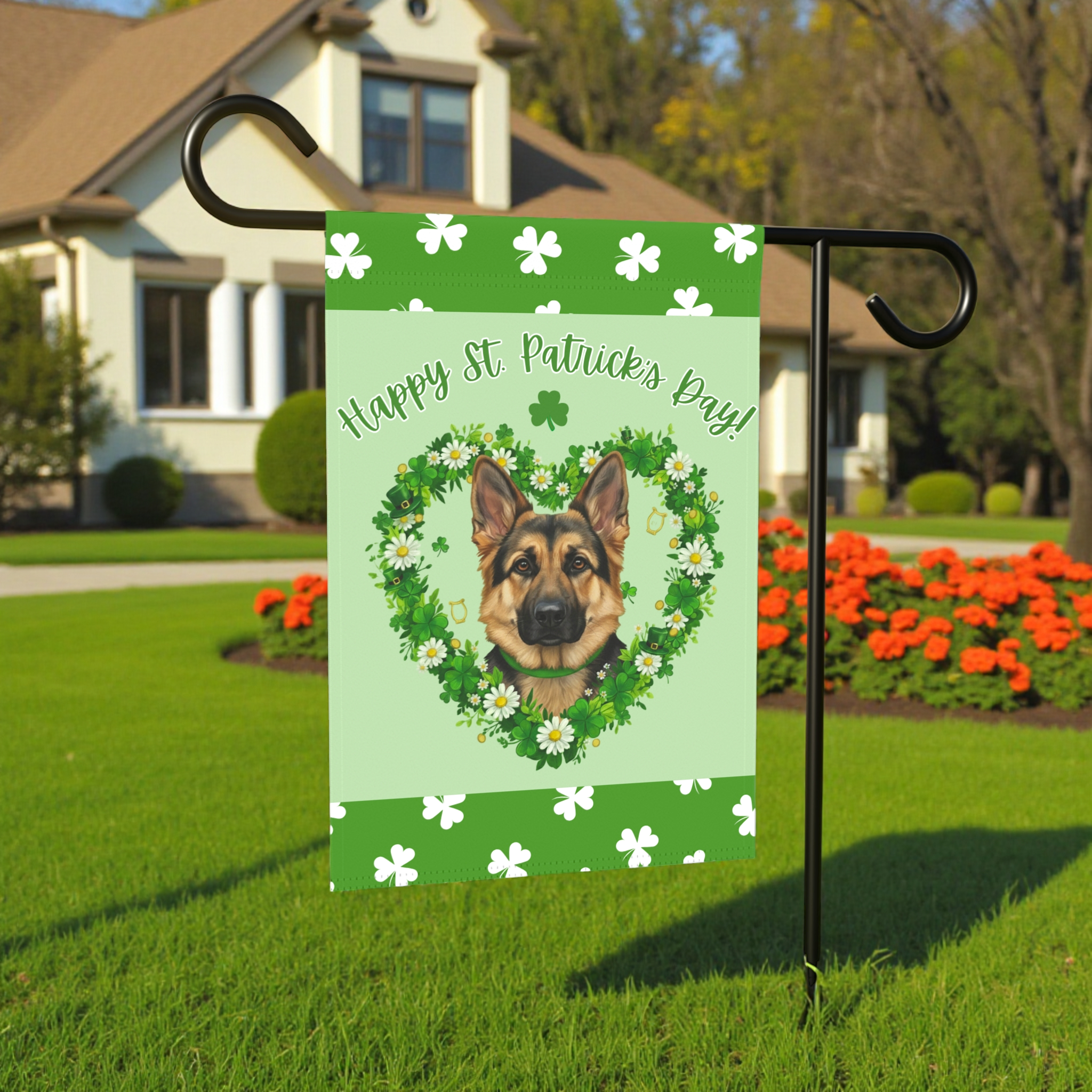St. Patrick's Day Shamrock German Shepherd Garden Flag - size comparison - Dragonfire Gardens