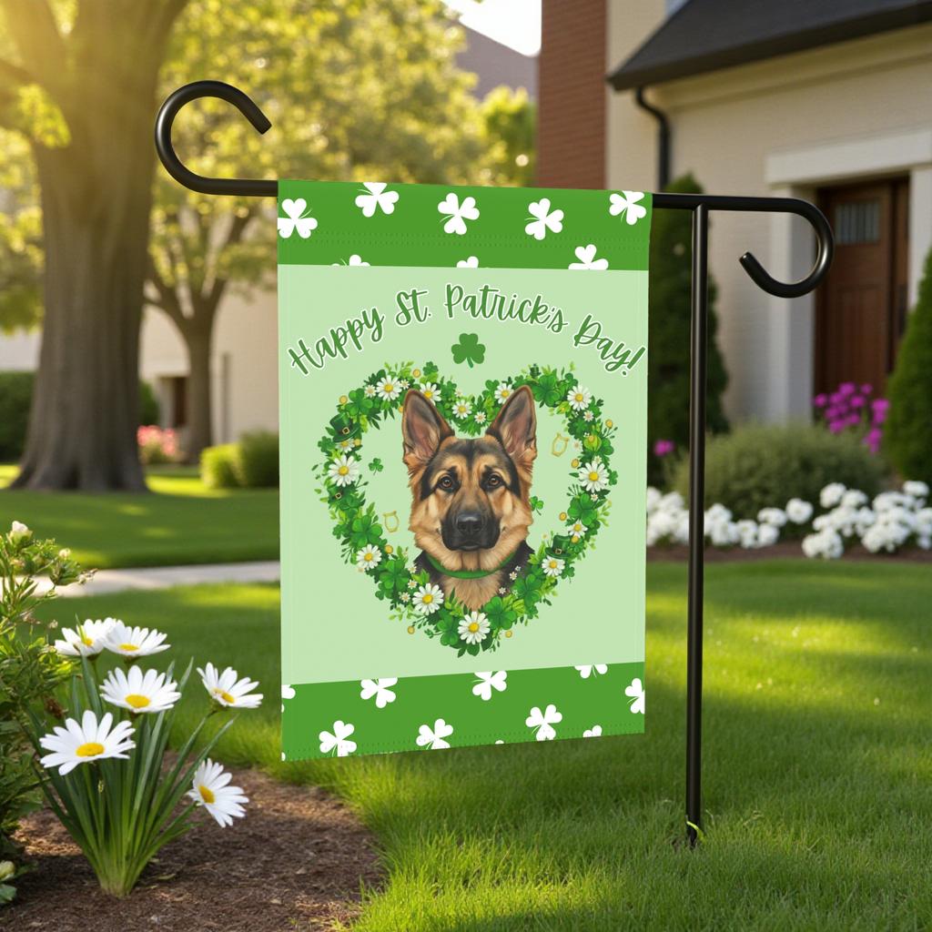 St. Patrick's Day Shamrock German Shepherd Garden Flag - lifestyle display - Dragonfire Gardens