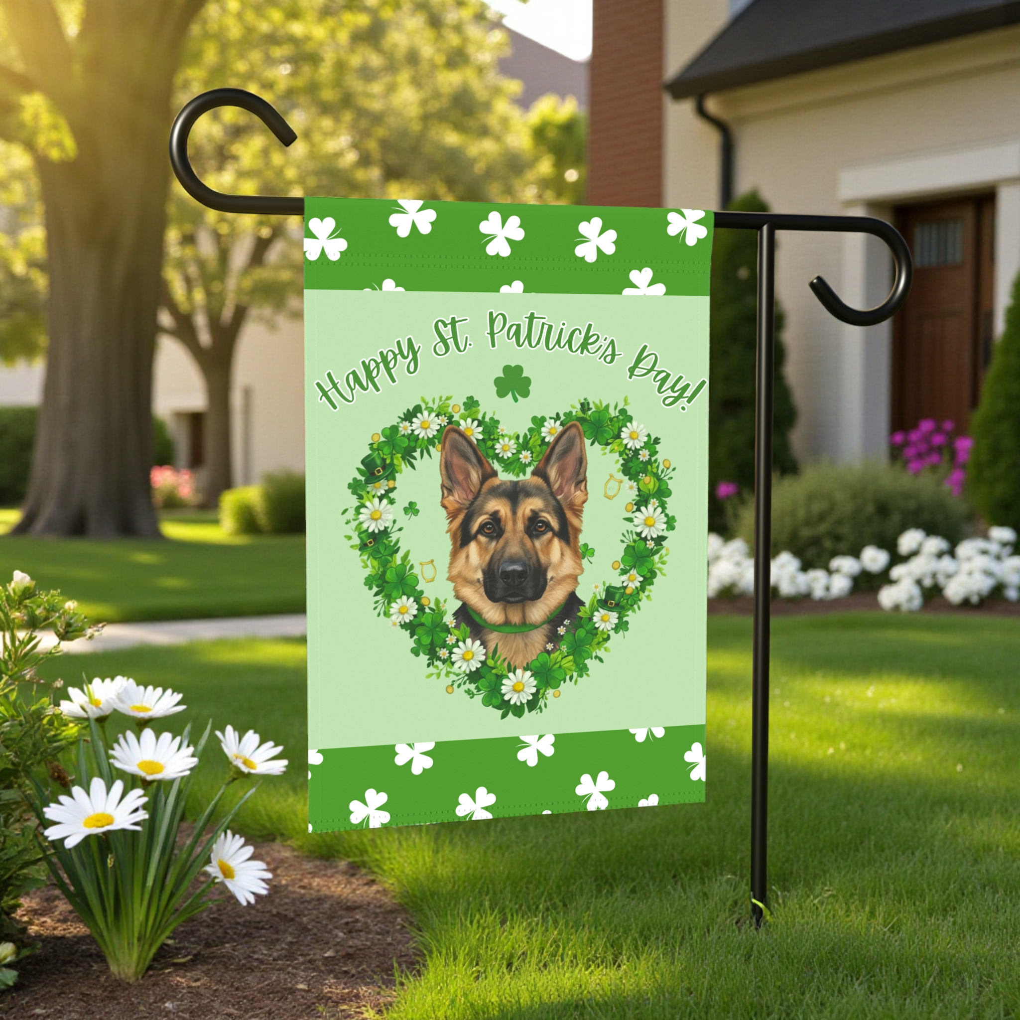 St. Patrick's Day Shamrock German Shepherd Garden Flag - lifestyle display - Dragonfire Gardens