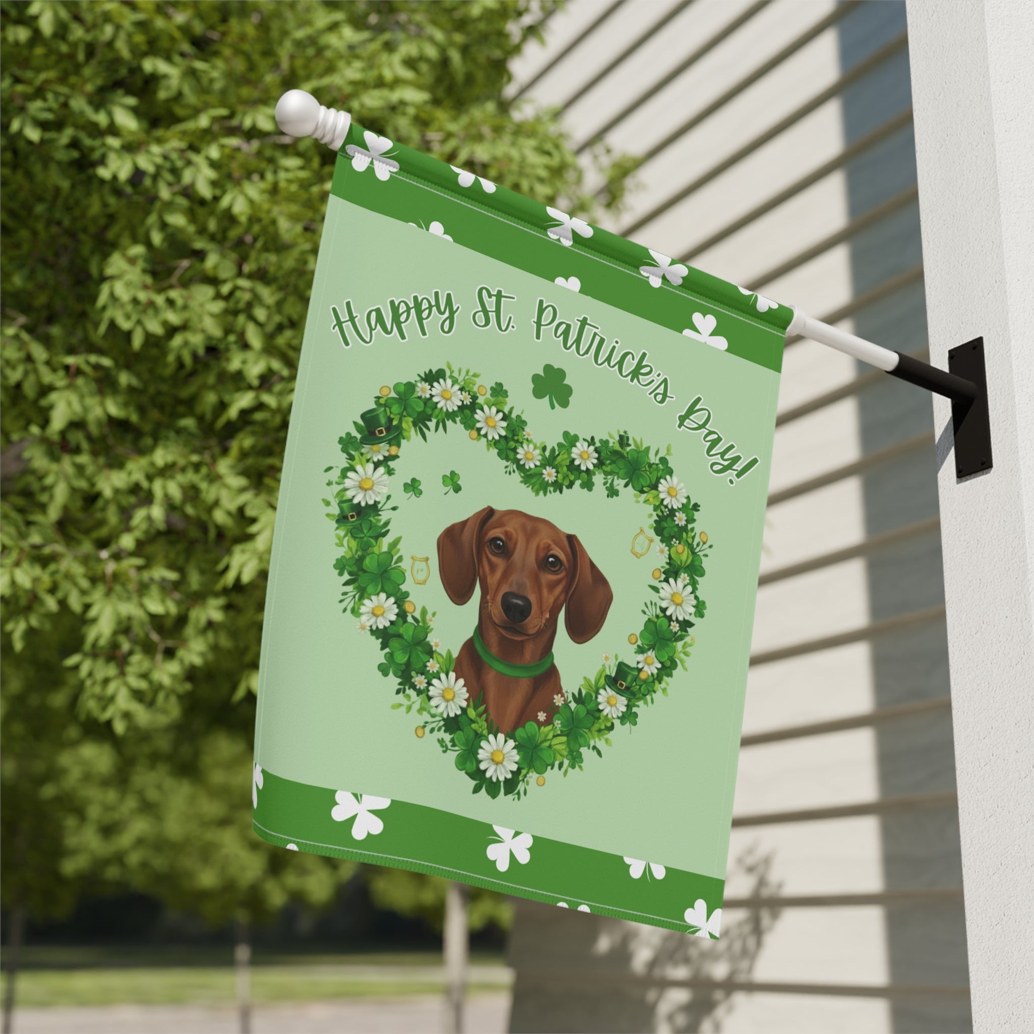 St. Patrick's Day Shamrock Dachshund Garden Flag - close-up detail - Dragonfire Gardens