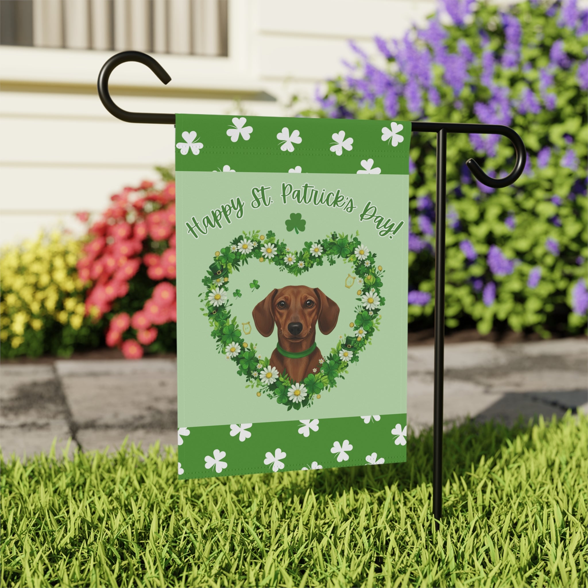 St. Patrick's Day Shamrock Dachshund Garden Flag - outdoor display - Dragonfire Gardens