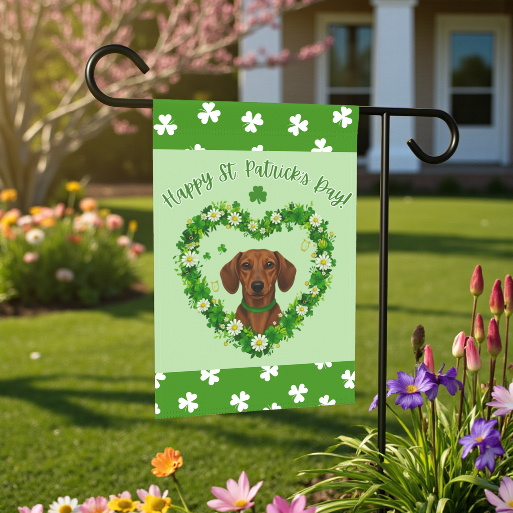 St. Patrick's Day Shamrock Dachshund Garden Flag - lifestyle display - Dragonfire Gardens