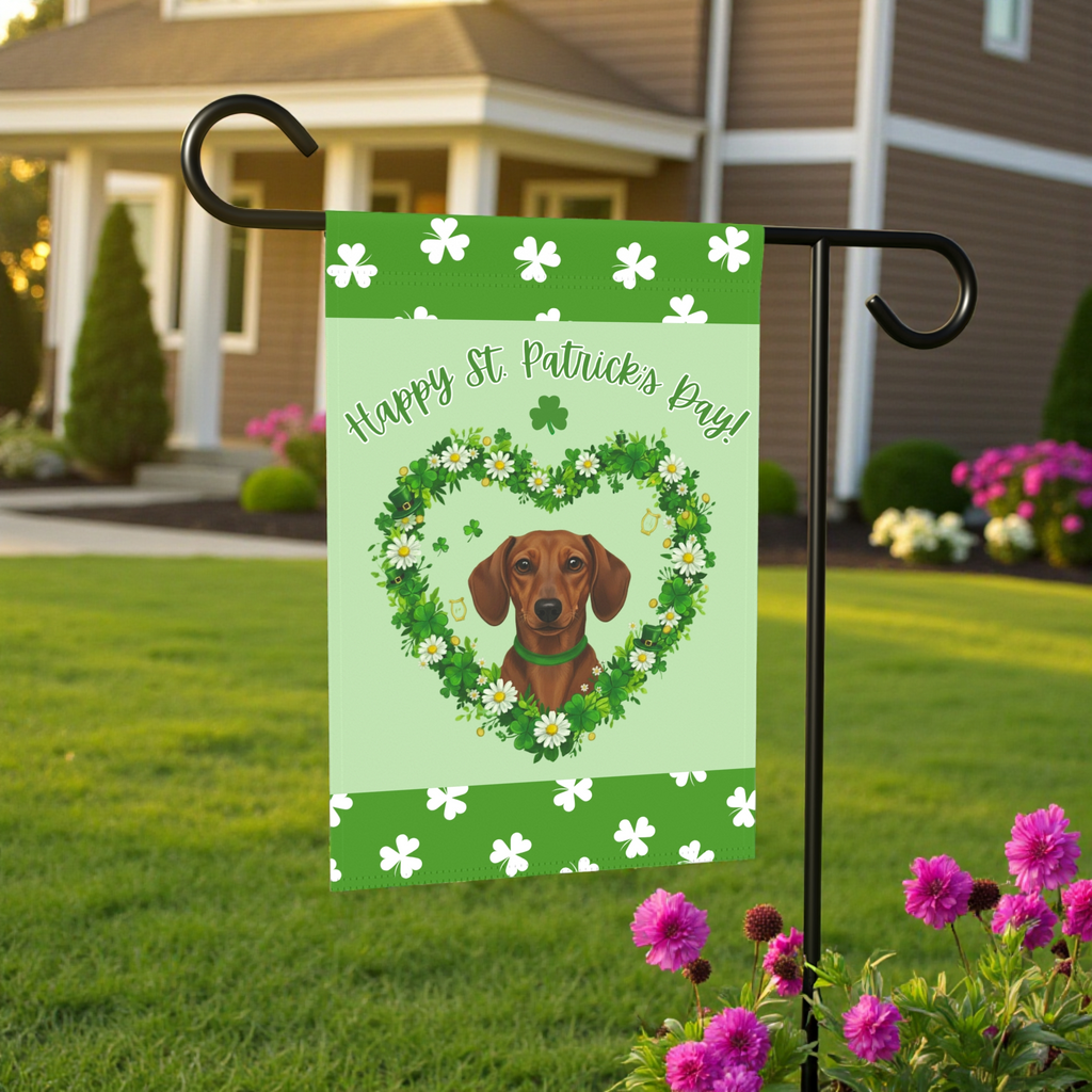 St. Patrick's Day Shamrock Dachshund Garden Flag - size comparison - Dragonfire Gardens