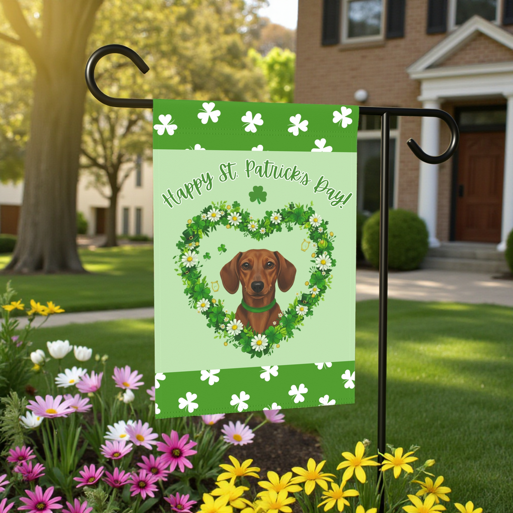 St. Patrick's Day Shamrock Dachshund Garden Flag - front view - Dragonfire Gardens
