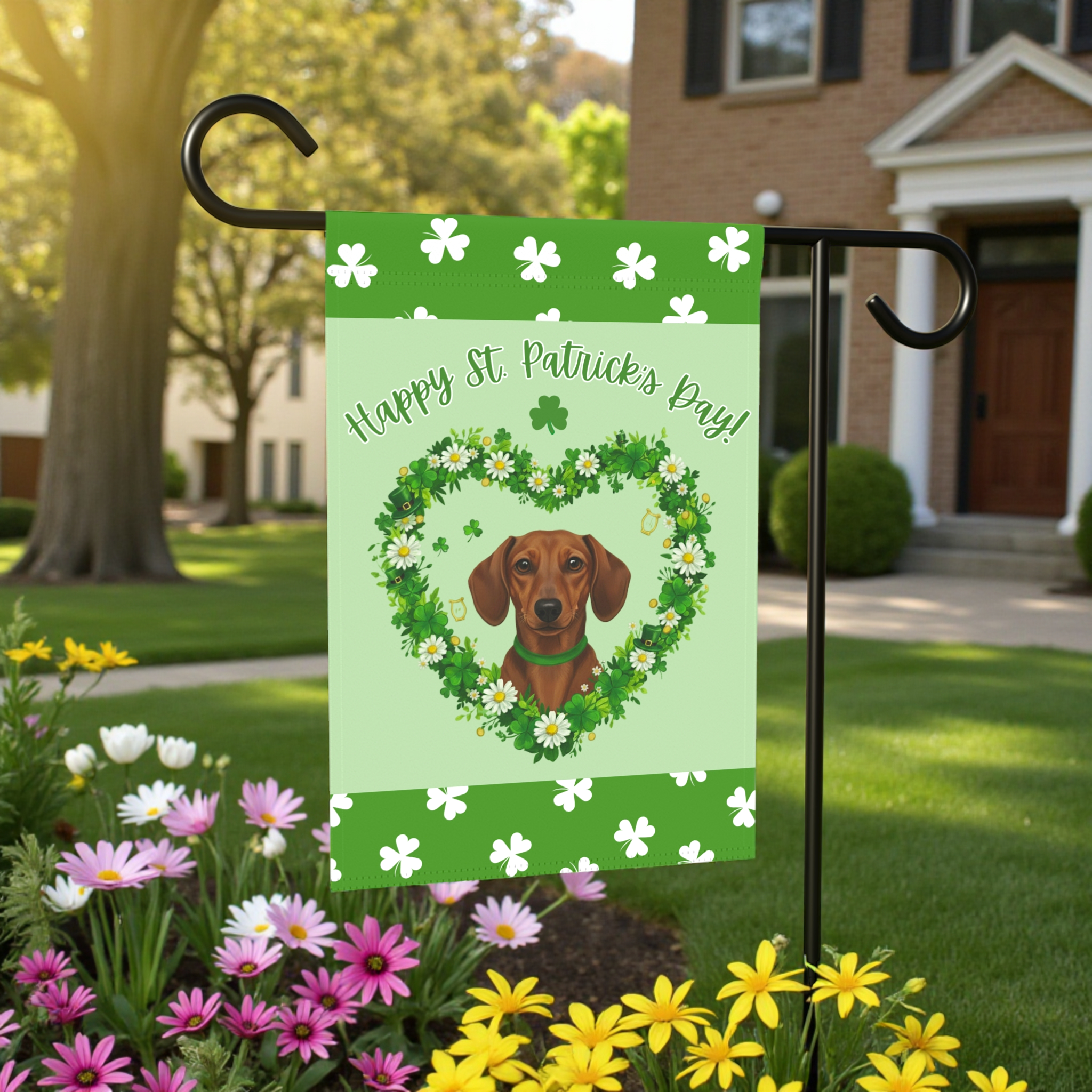 St. Patrick's Day Shamrock Dachshund Garden Flag - front view - Dragonfire Gardens
