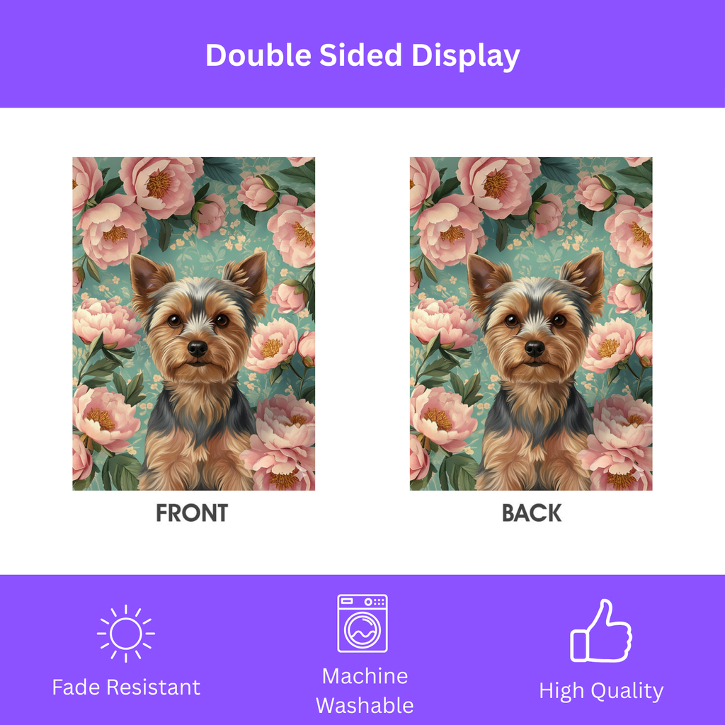 Pink Peony Yorkshire Terrier Garden Flag - double-sided design - Dragonfire Gardens