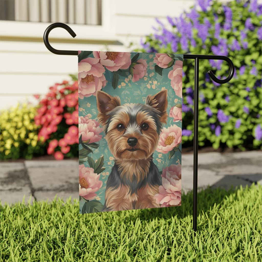 Pink Peony Yorkshire Terrier Garden Flag - outdoor display - Dragonfire Gardens