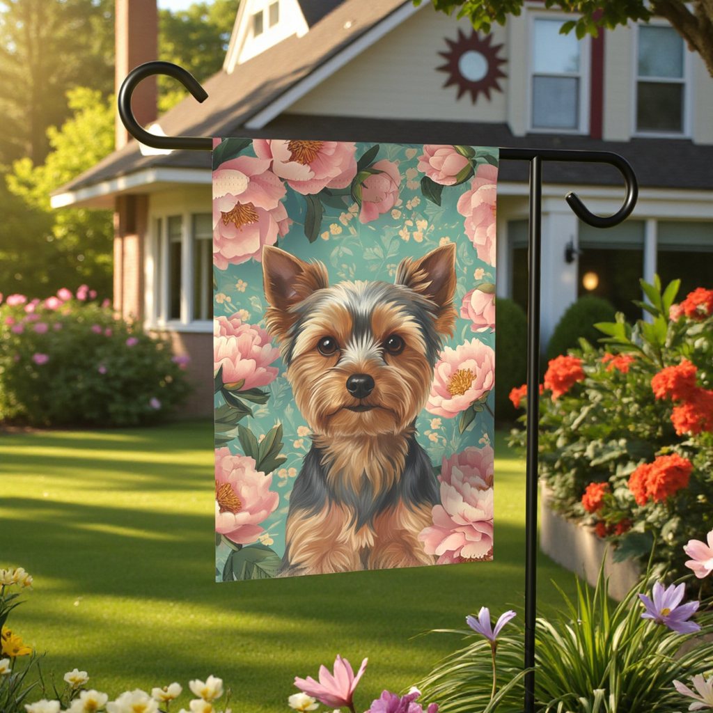 Pink Peony Yorkshire Terrier Garden Flag - front view - Dragonfire Gardens