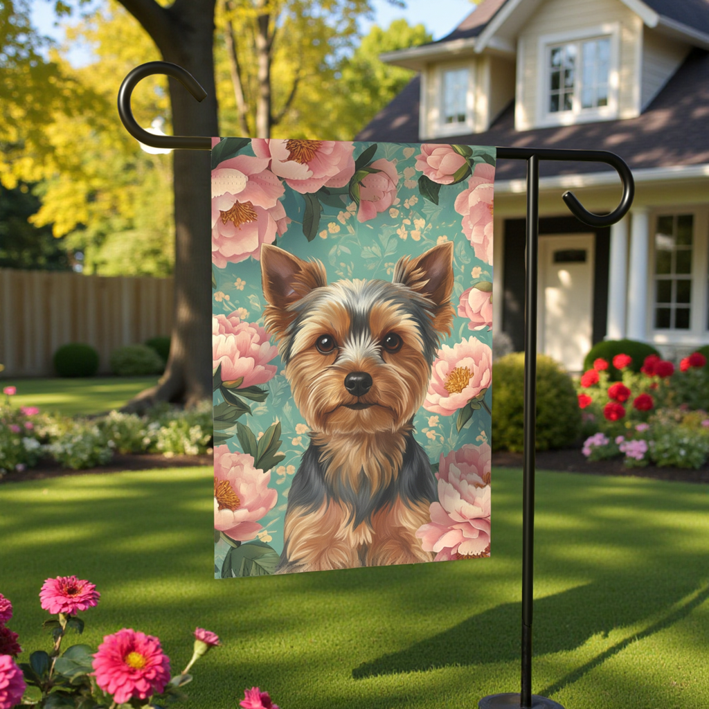 Pink Peony Yorkshire Terrier Garden Flag - lifestyle display - Dragonfire Gardens