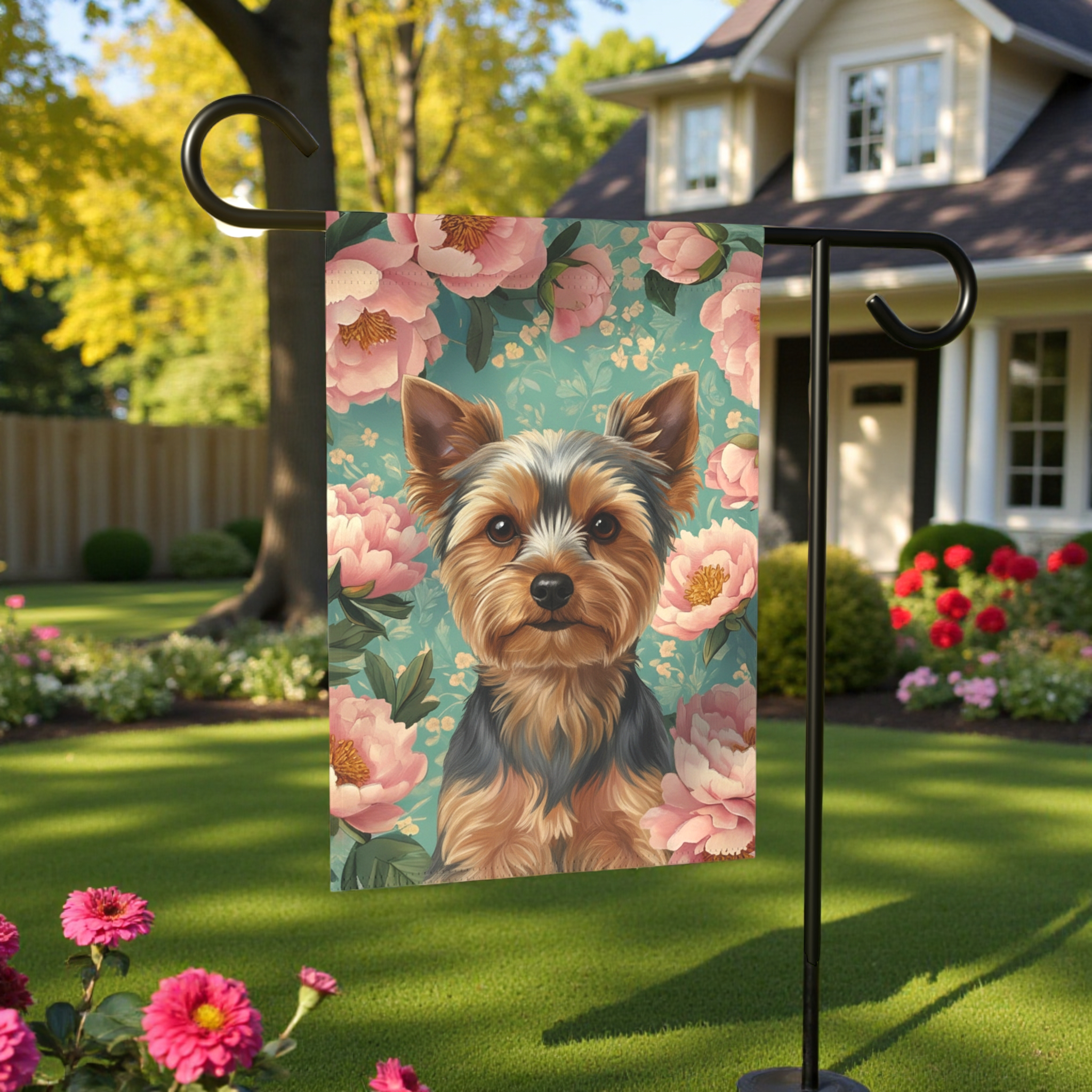 Pink Peony Yorkshire Terrier Garden Flag - lifestyle display - Dragonfire Gardens