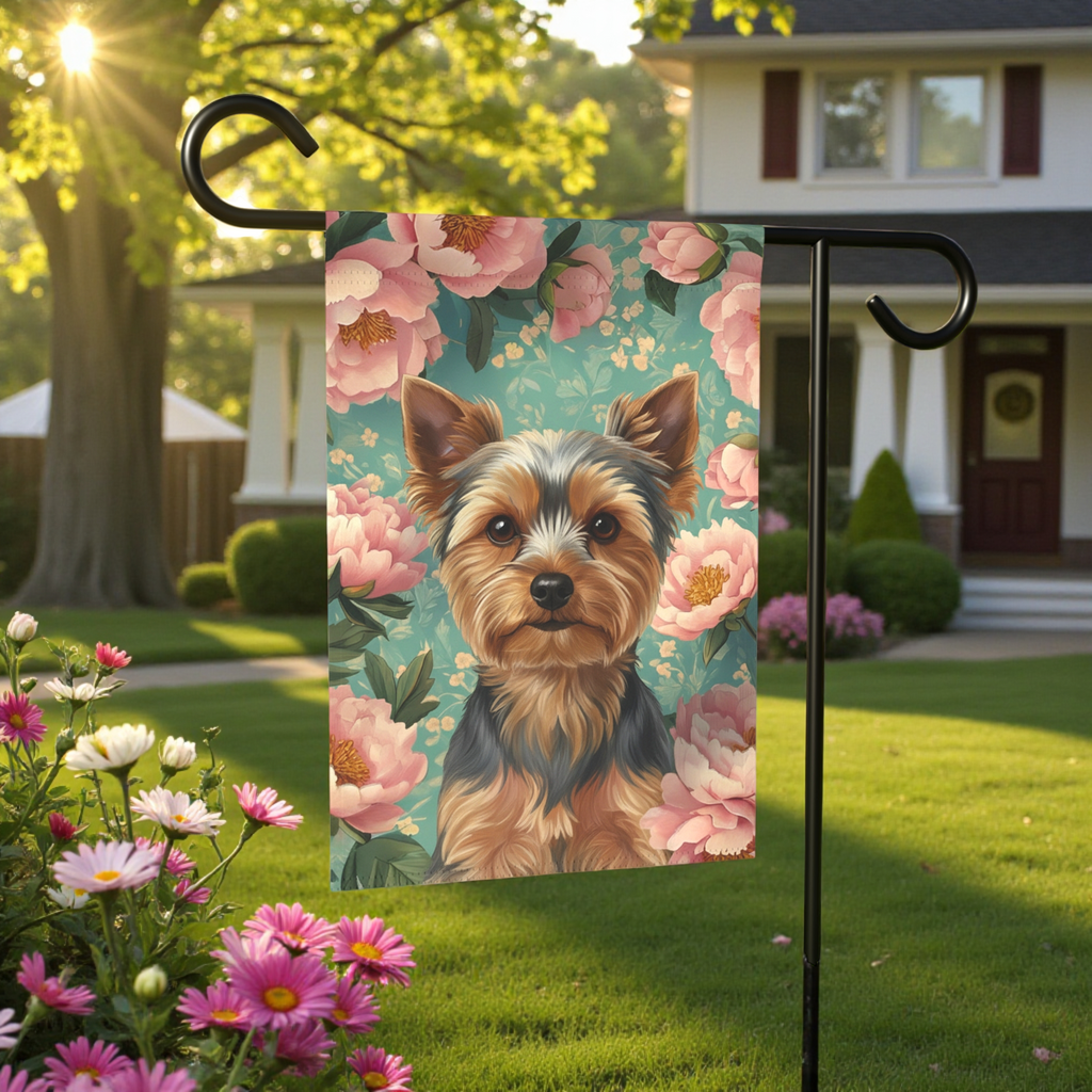 Pink Peony Yorkshire Terrier Garden Flag - size comparison - Dragonfire Gardens