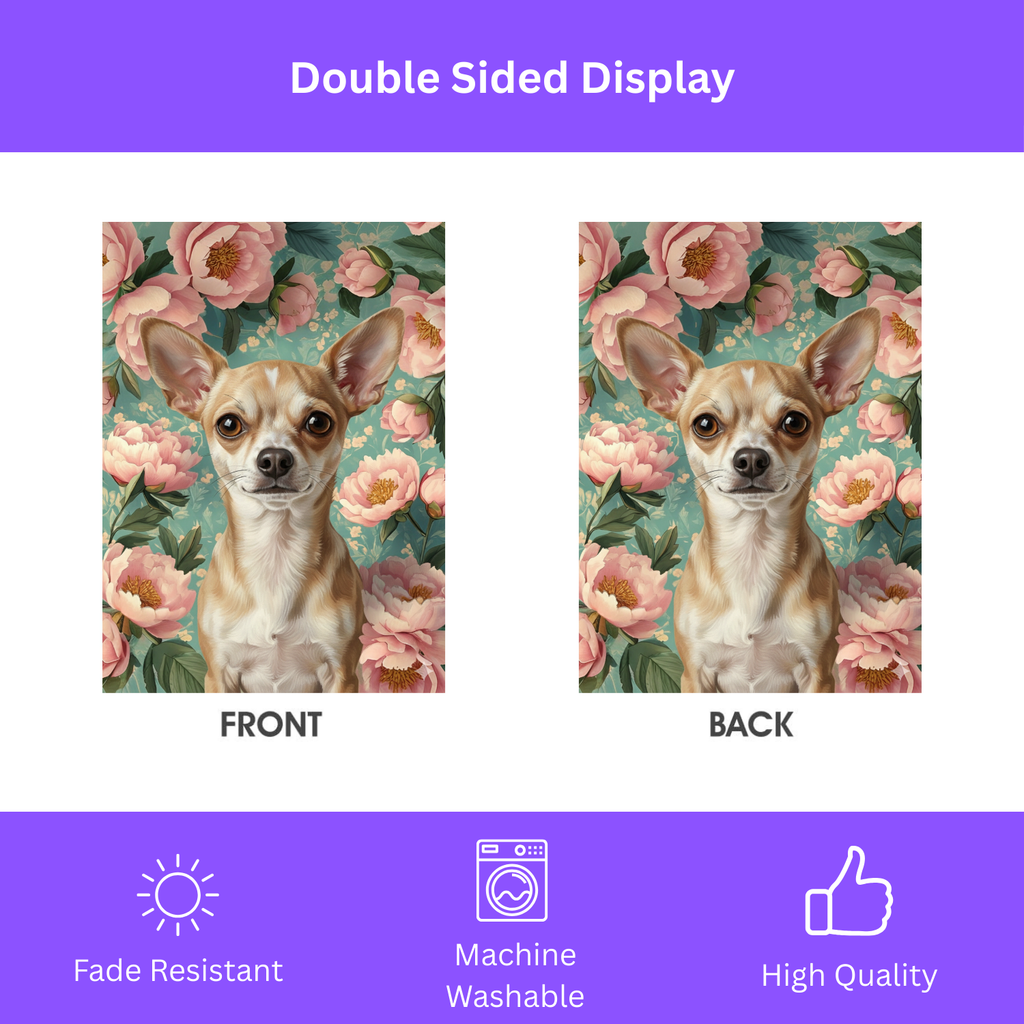 Pink Peony Short Haired Chihuahua Garden Flag - double-sided design - Dragonfire Gardens