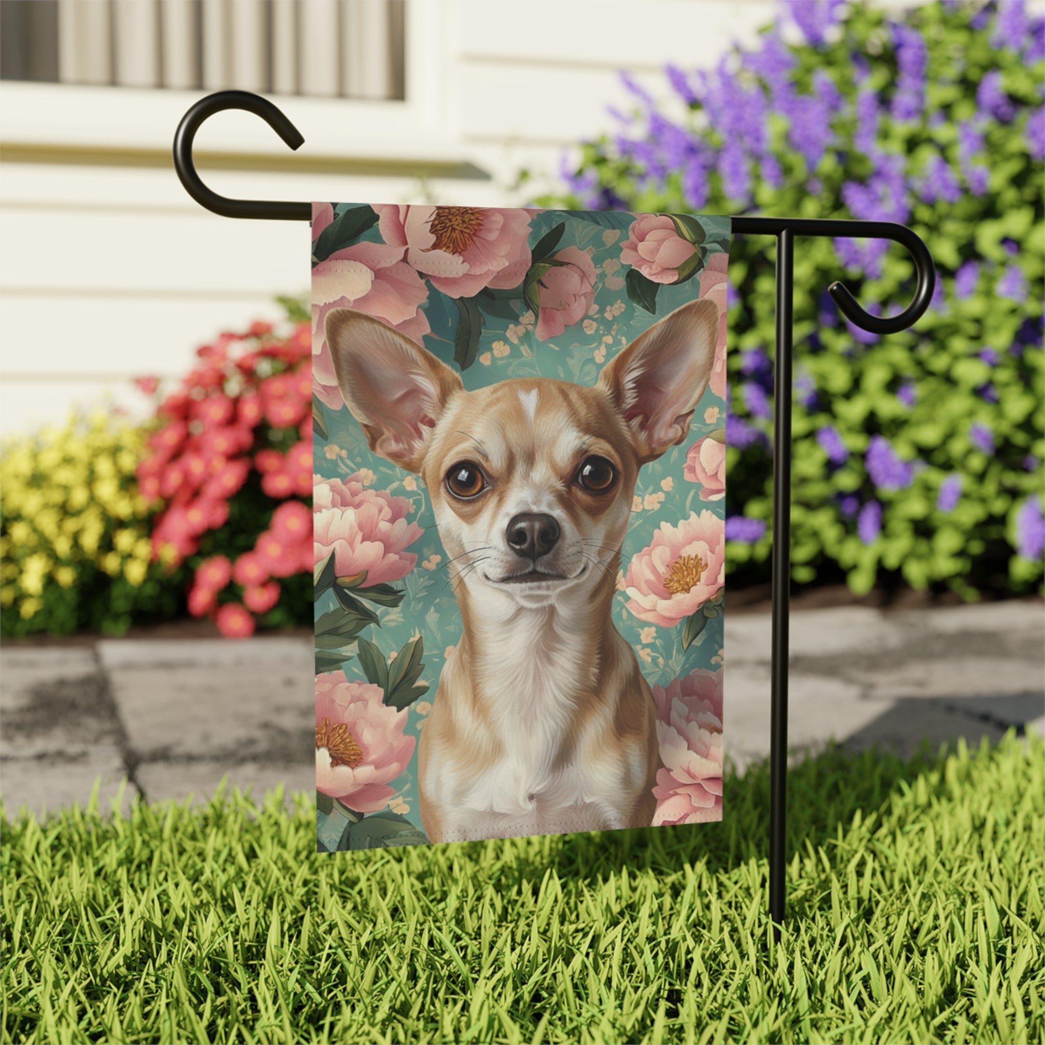 Pink Peony Short Haired Chihuahua Garden Flag