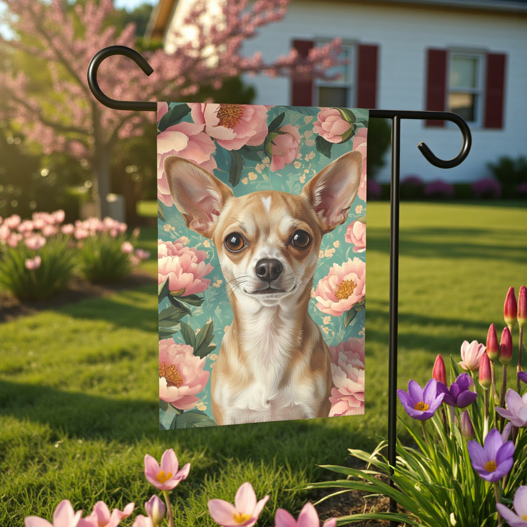Pink Peony Short Haired Chihuahua Garden Flag - size comparison - Dragonfire Gardens
