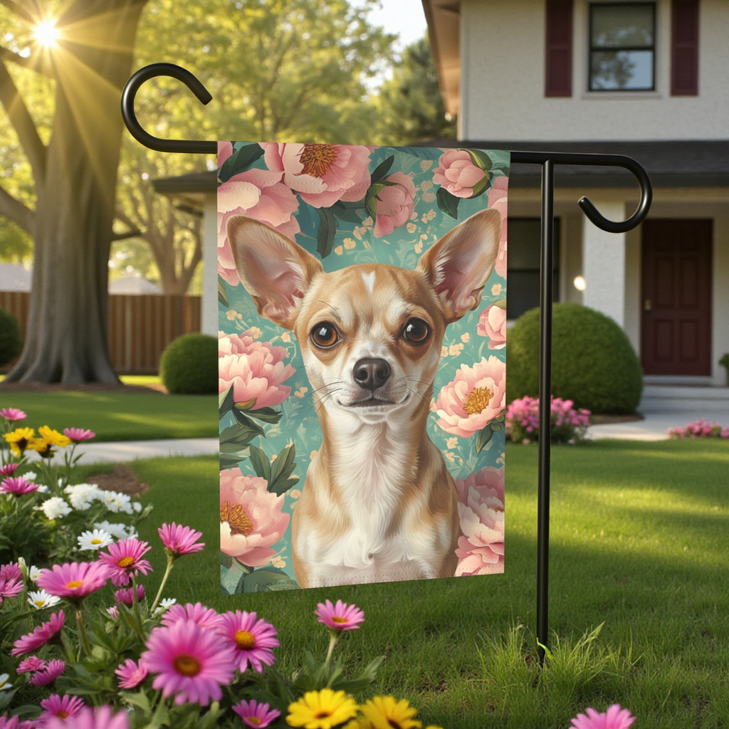 Pink Peony Short Haired Chihuahua Garden Flag - front view - Dragonfire Gardens