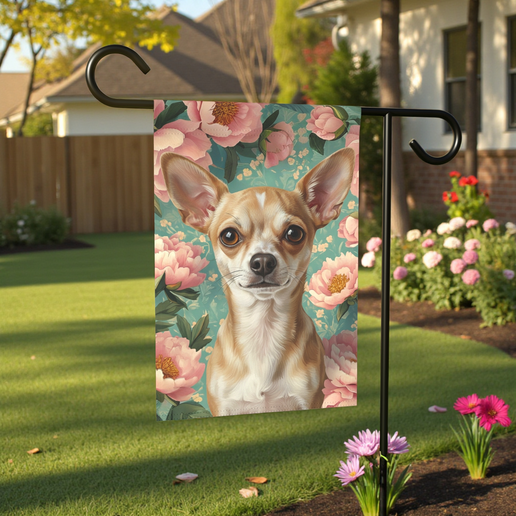 Pink Peony Short Haired Chihuahua Garden Flag - lifestyle display - Dragonfire Gardens