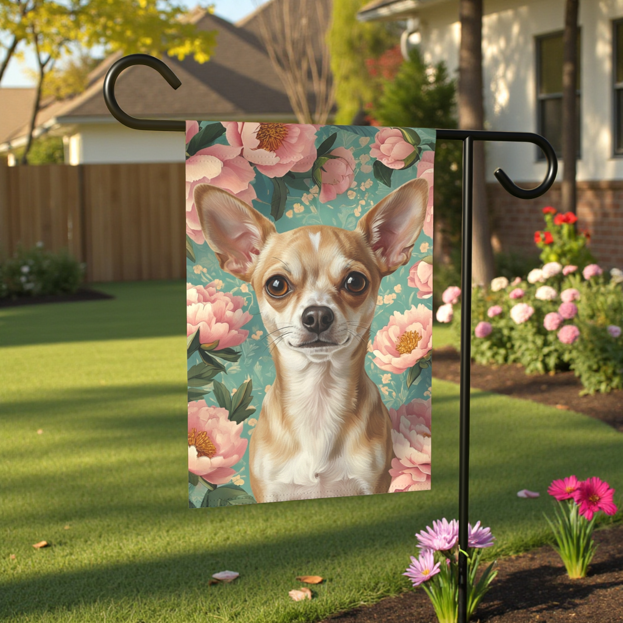 Pink Peony Short Haired Chihuahua Garden Flag - lifestyle display - Dragonfire Gardens