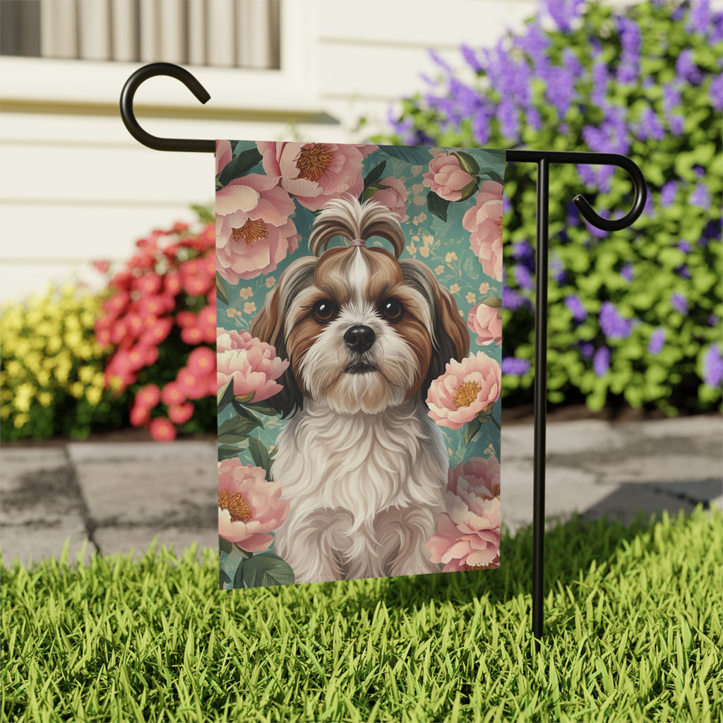 Pink Peony Shih Tzu Garden Flag - outdoor display - Dragonfire Gardens