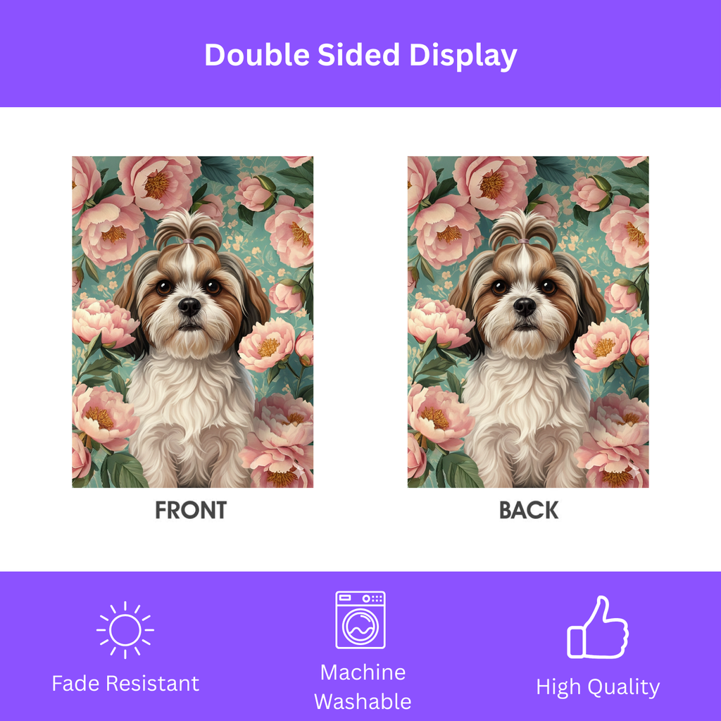 Pink Peony Shih Tzu Garden Flag - double-sided design - Dragonfire Gardens
