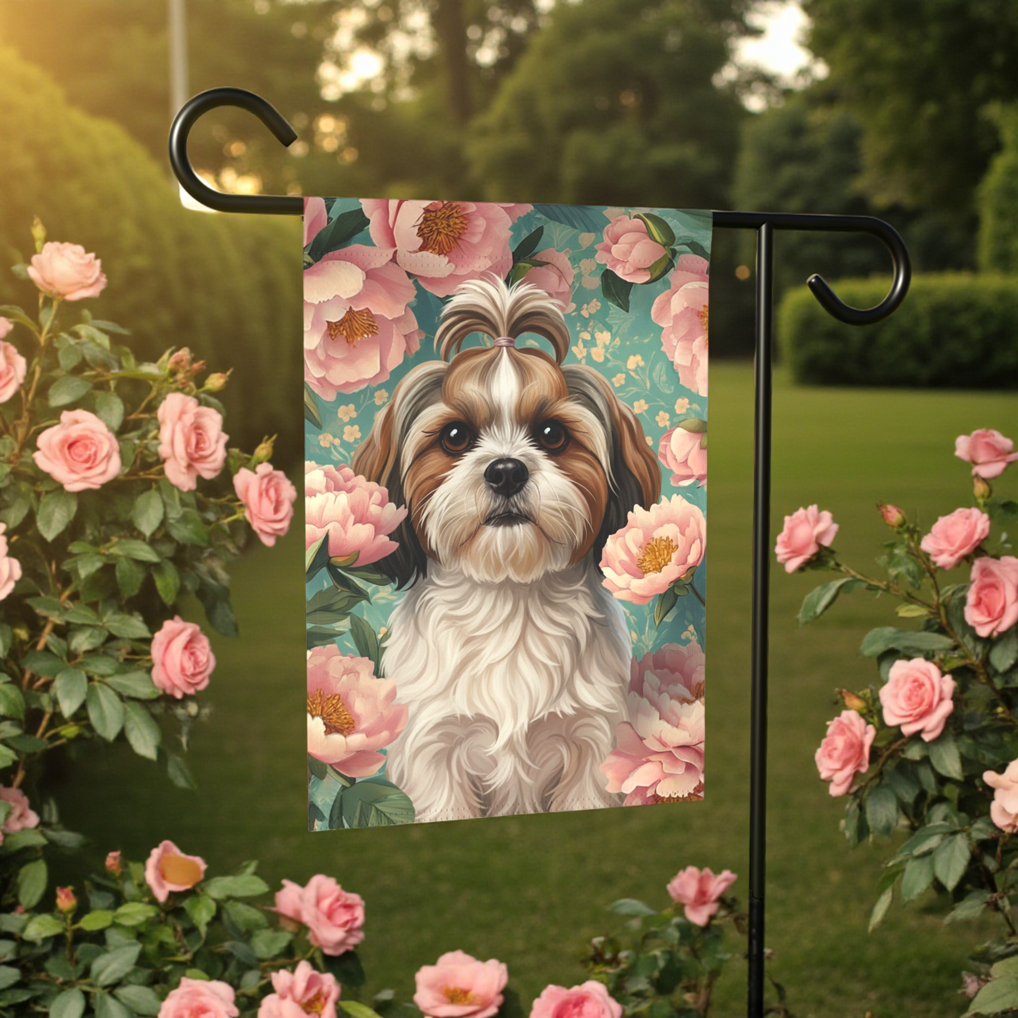 Pink Peony Shih Tzu Garden Flag - lifestyle display - Dragonfire Gardens