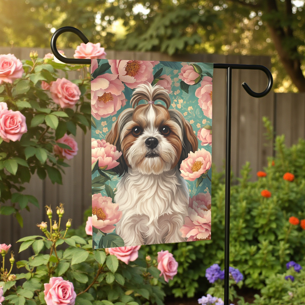 Pink Peony Shih Tzu Garden Flag - front view - Dragonfire Gardens