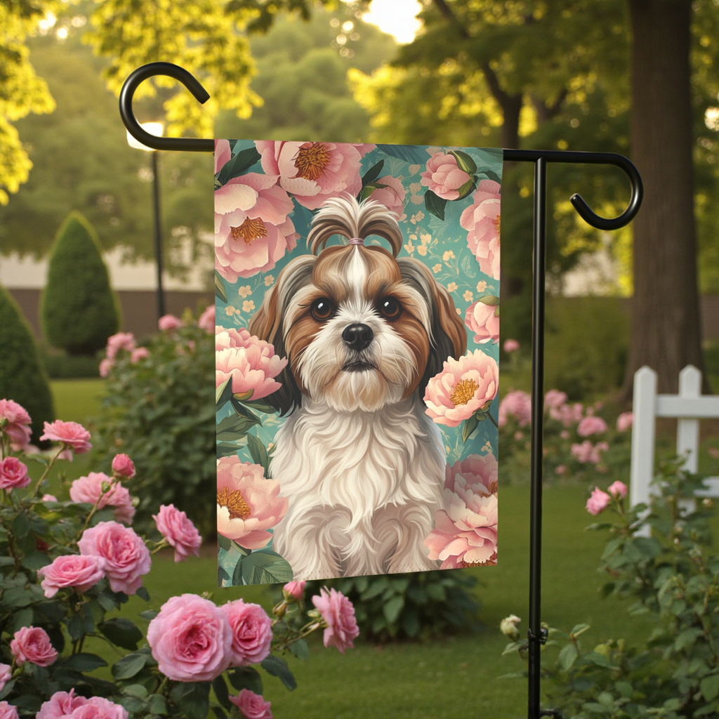 Pink Peony Shih Tzu Garden Flag - size comparison - Dragonfire Gardens