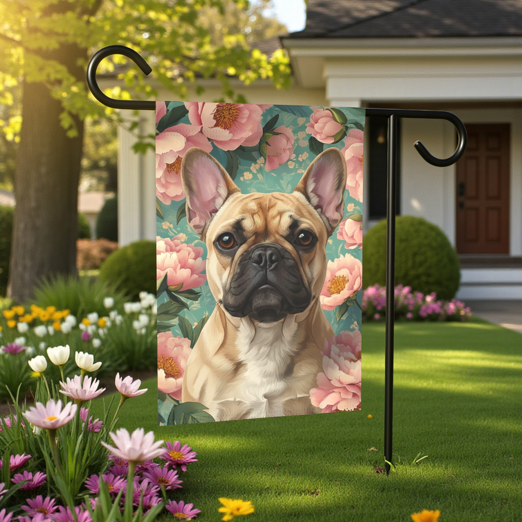 Pink Peony French Bulldog Garden Flag