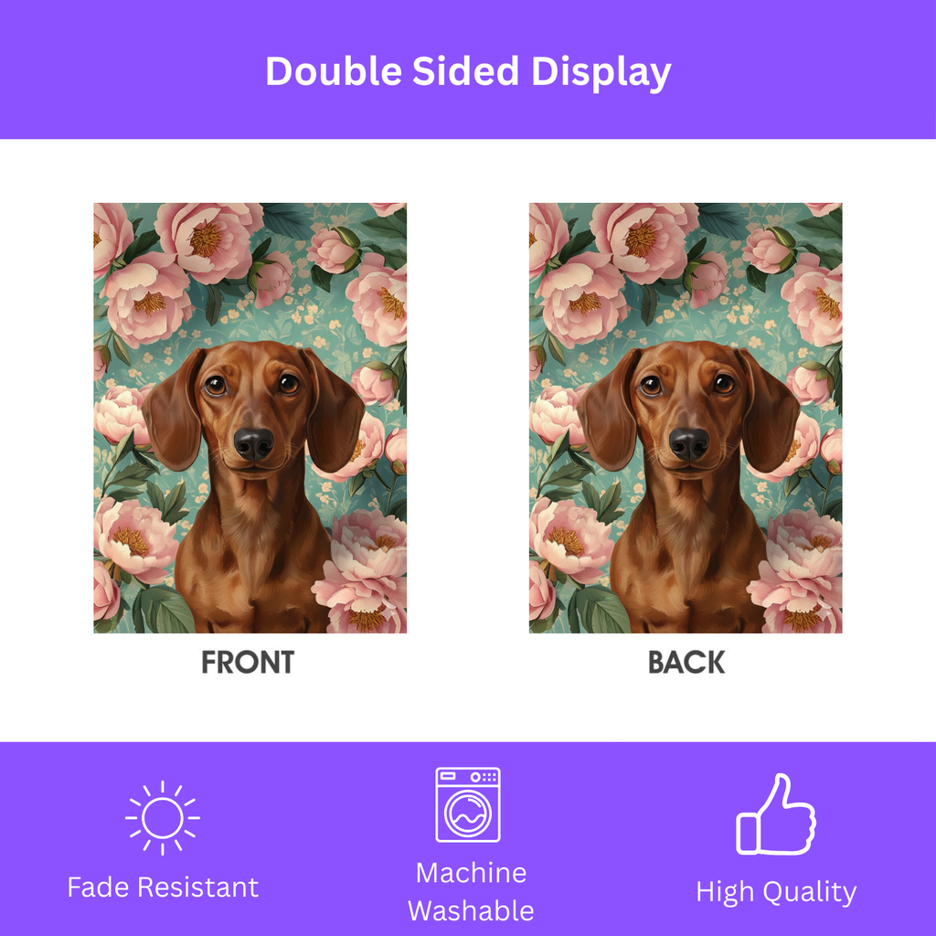 Pink Peony Dachshund Garden Flag - double-sided design - Dragonfire Gardens