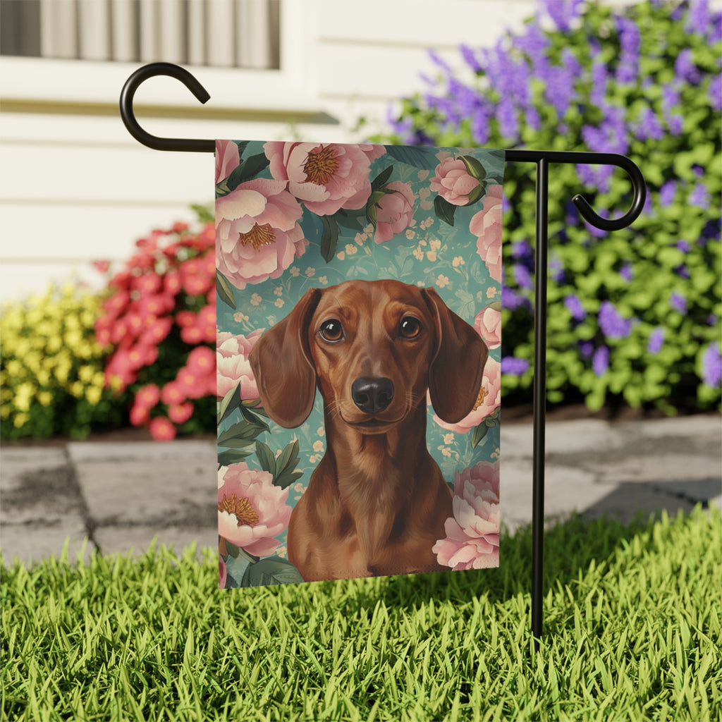 Pink Peony Dachshund Garden Flag - outdoor display - Dragonfire Gardens