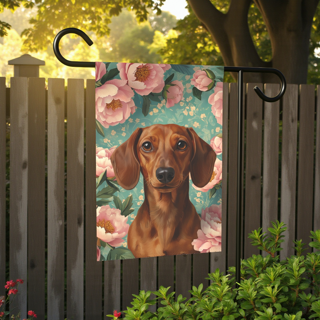 Pink Peony Dachshund Garden Flag - size comparison - Dragonfire Gardens