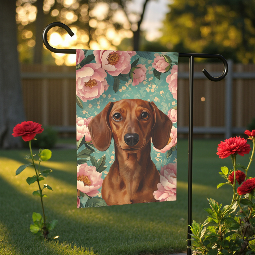 Pink Peony Dachshund Garden Flag - lifestyle display - Dragonfire Gardens