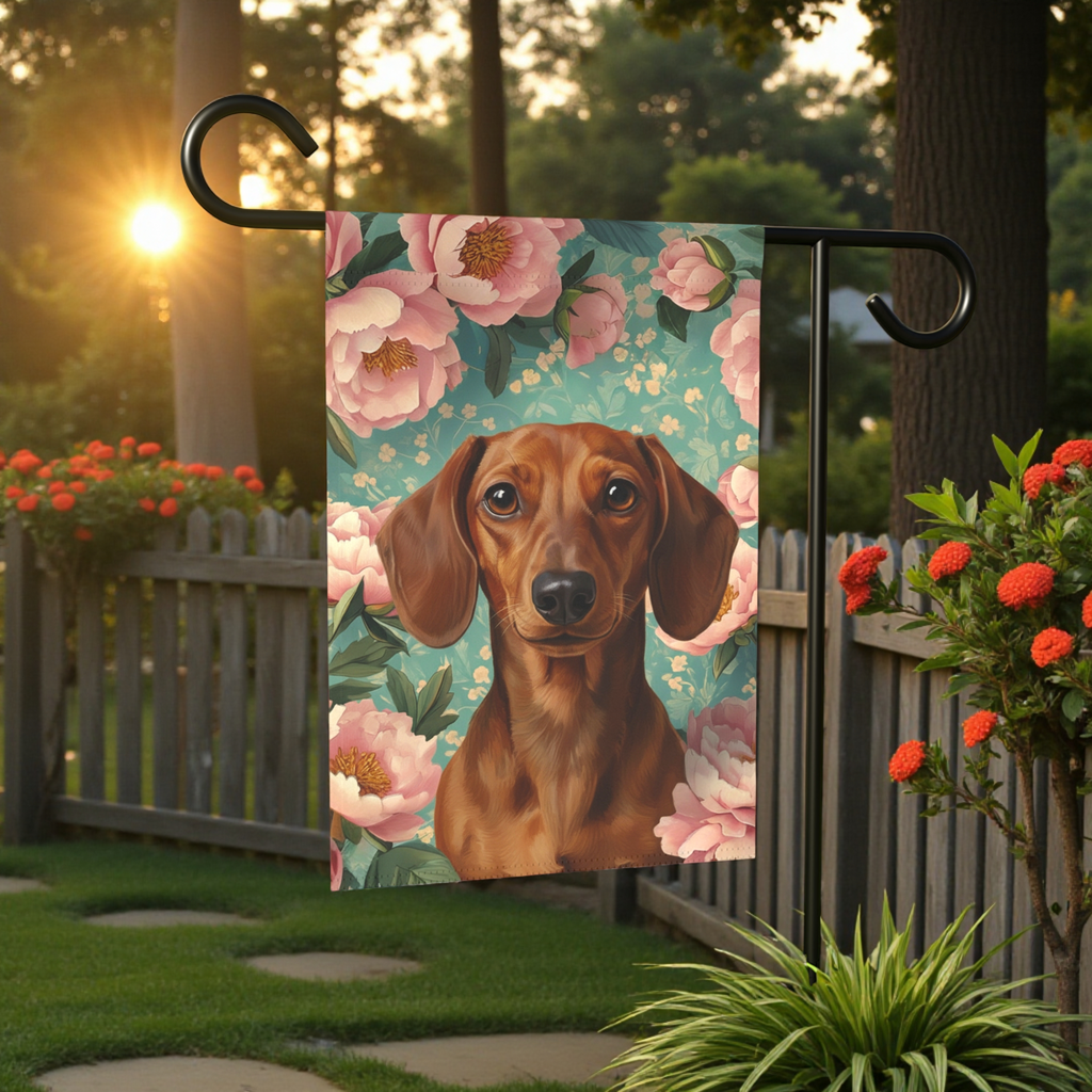 Pink Peony Dachshund Garden Flag - front view - Dragonfire Gardens