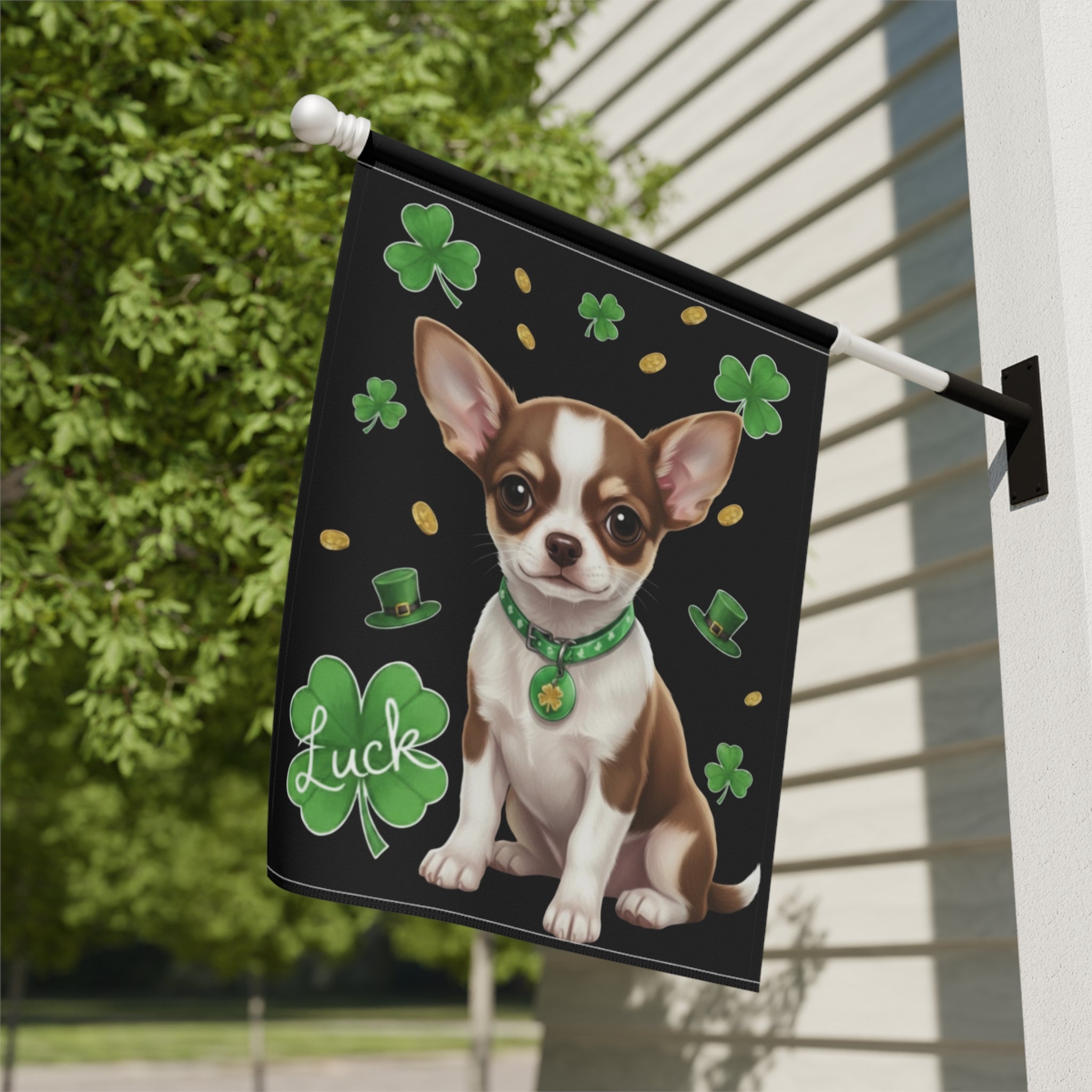 Luck St. Patrick’s Chihuahua Garden Flag - close-up detail - Dragonfire Gardens
