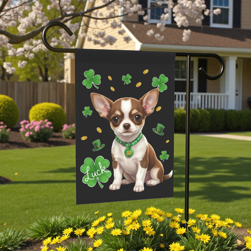 Luck St. Patrick’s Chihuahua Garden Flag - size comparison - Dragonfire Gardens