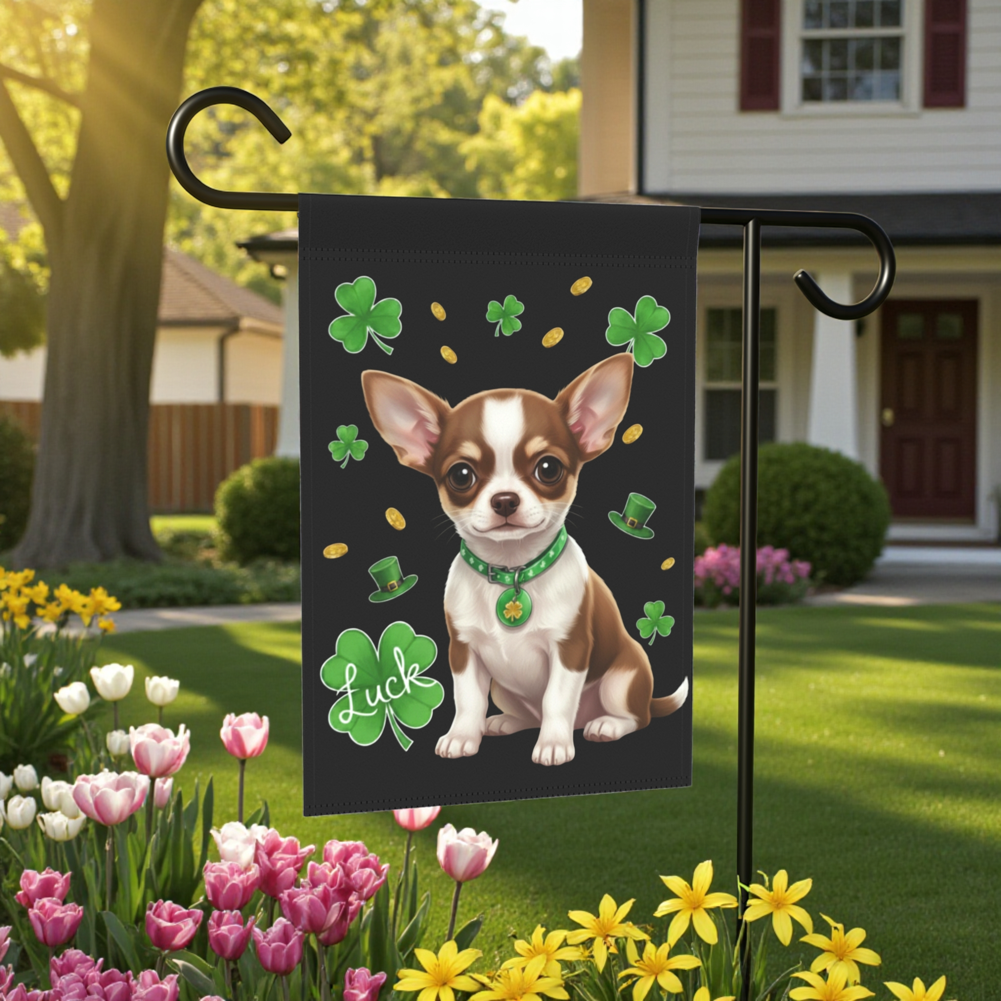 Luck St. Patrick’s Chihuahua Garden Flag - front view - Dragonfire Gardens