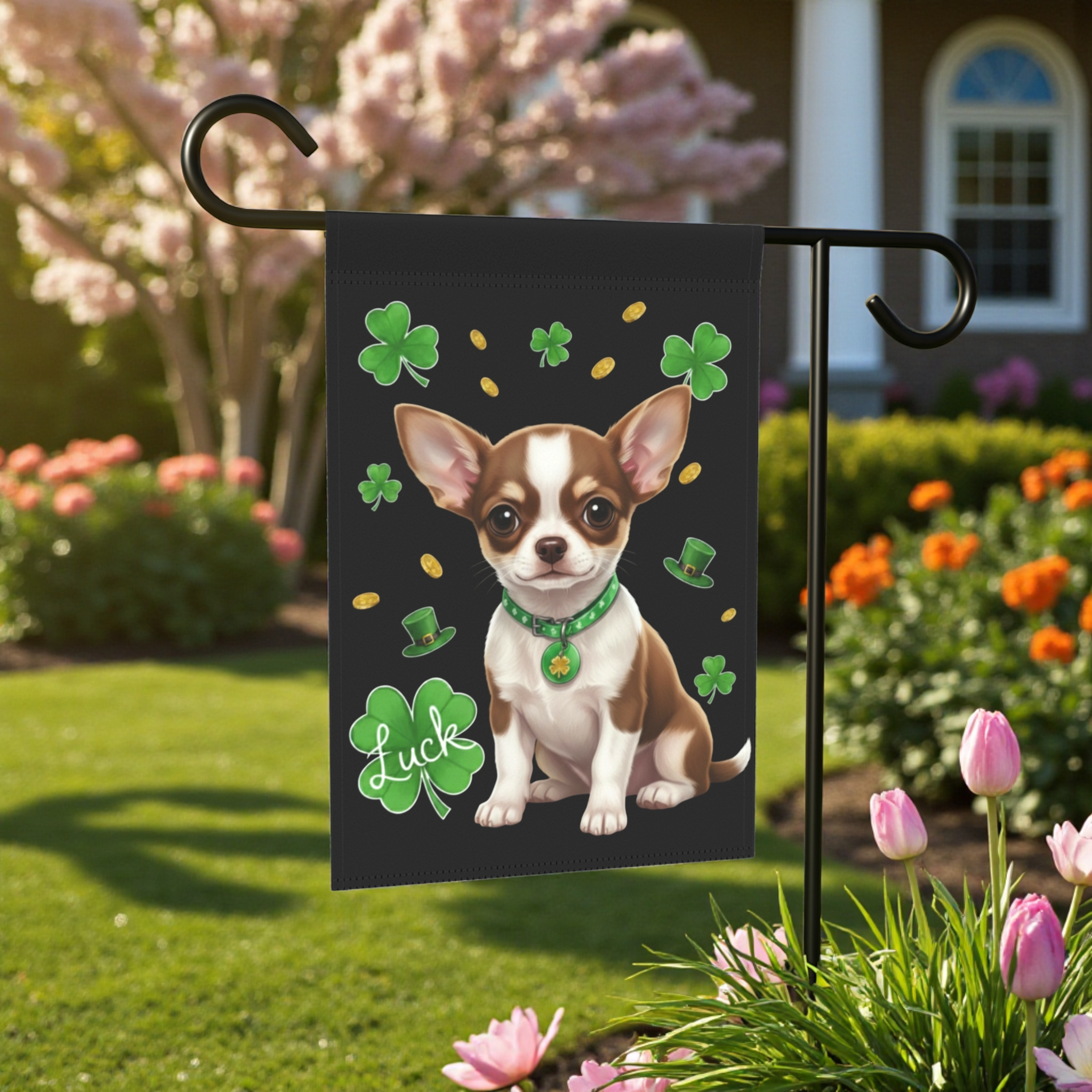 Luck St. Patrick’s Chihuahua Garden Flag - lifestyle display - Dragonfire Gardens