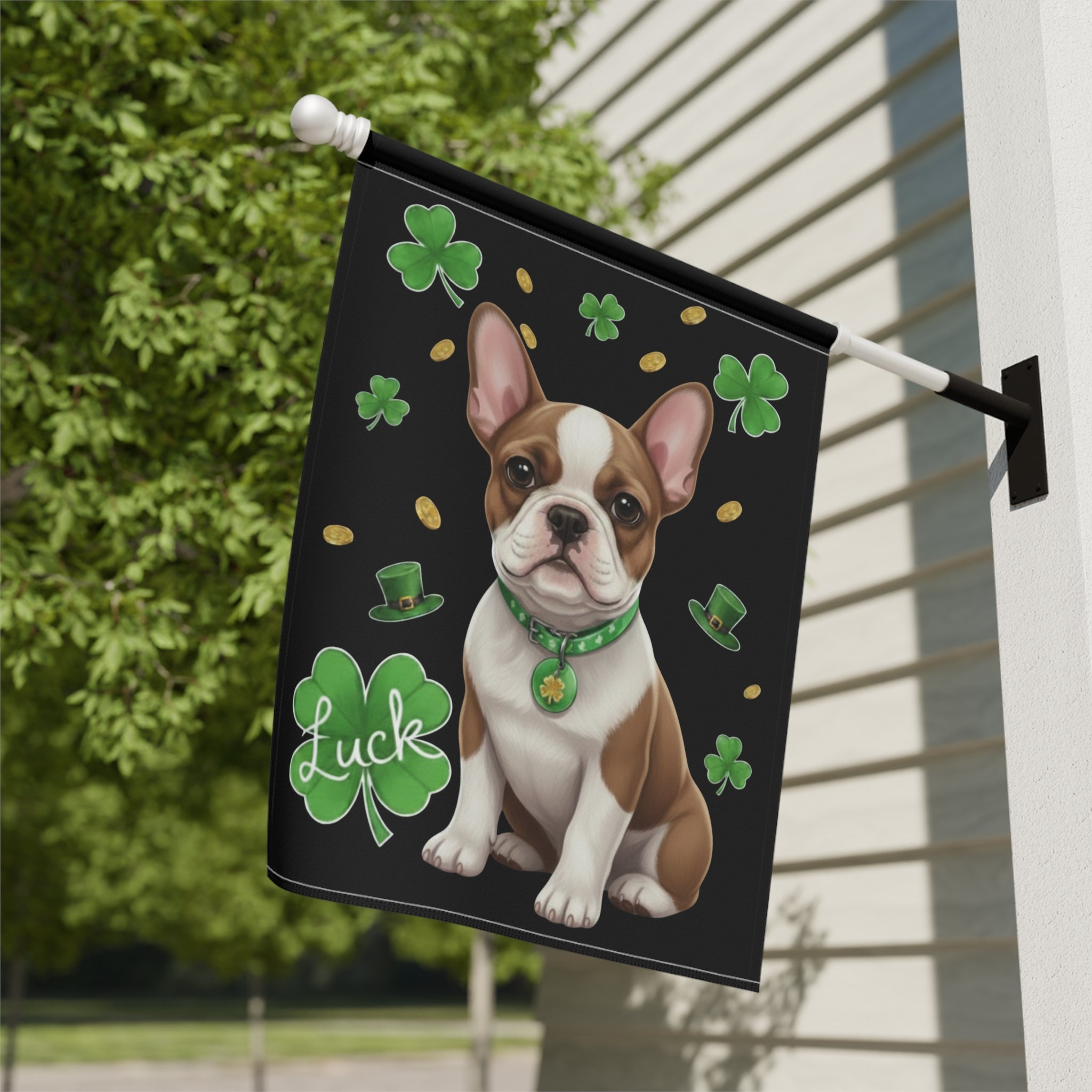 Luck French Bulldog St. Patrick’s Day Garden Flag - close-up detail - Dragonfire Gardens