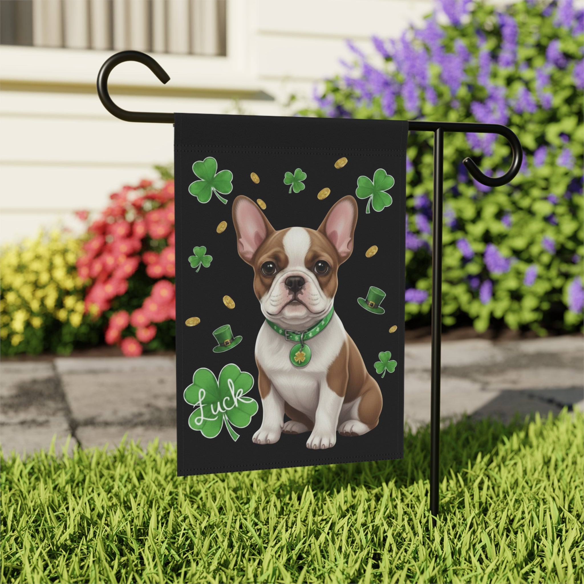 Luck French Bulldog St. Patrick’s Day Garden Flag - outdoor display - Dragonfire Gardens
