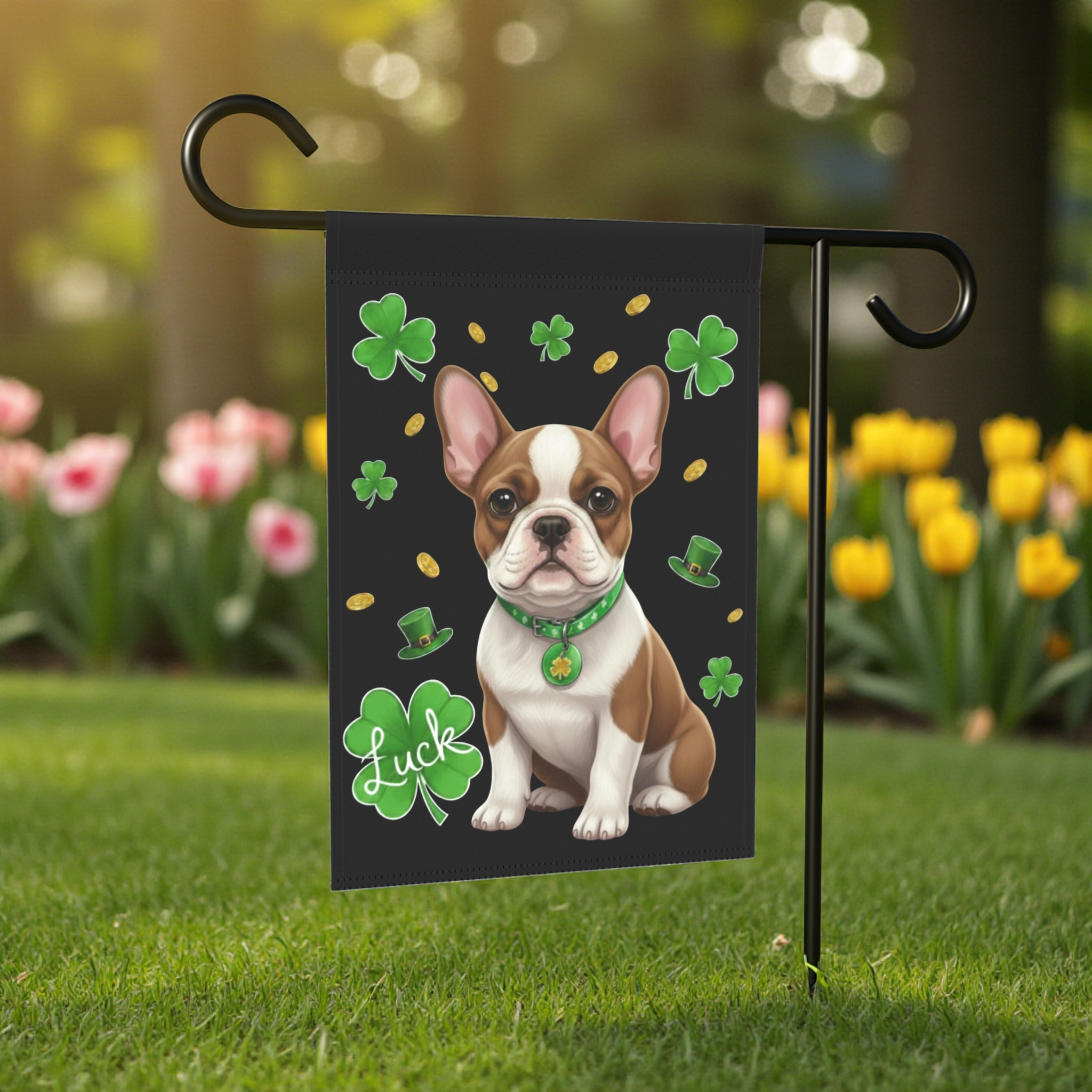 Luck French Bulldog St. Patrick’s Day Garden Flag - front view - Dragonfire Gardens