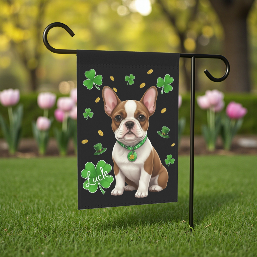 Luck French Bulldog St. Patrick’s Day Garden Flag - size comparison - Dragonfire Gardens